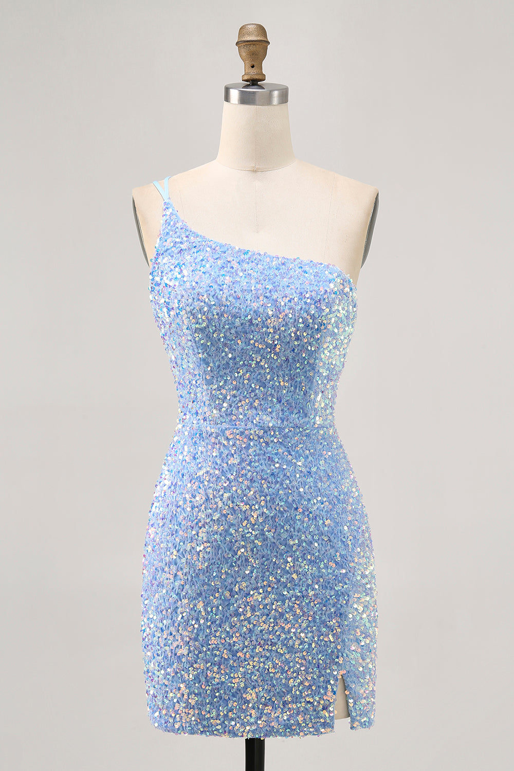 Sparkly Blue One Shoulder Tight Backless Short Sequins Homecoming Dress