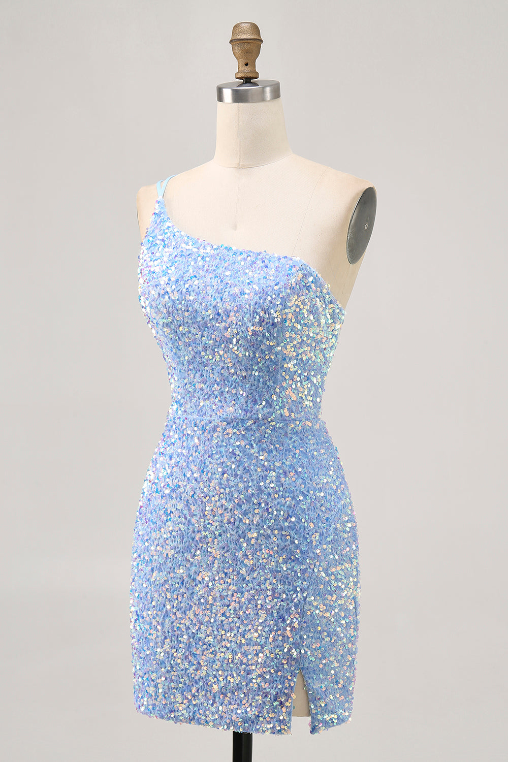 Sparkly Blue One Shoulder Tight Backless Short Sequins Homecoming Dress