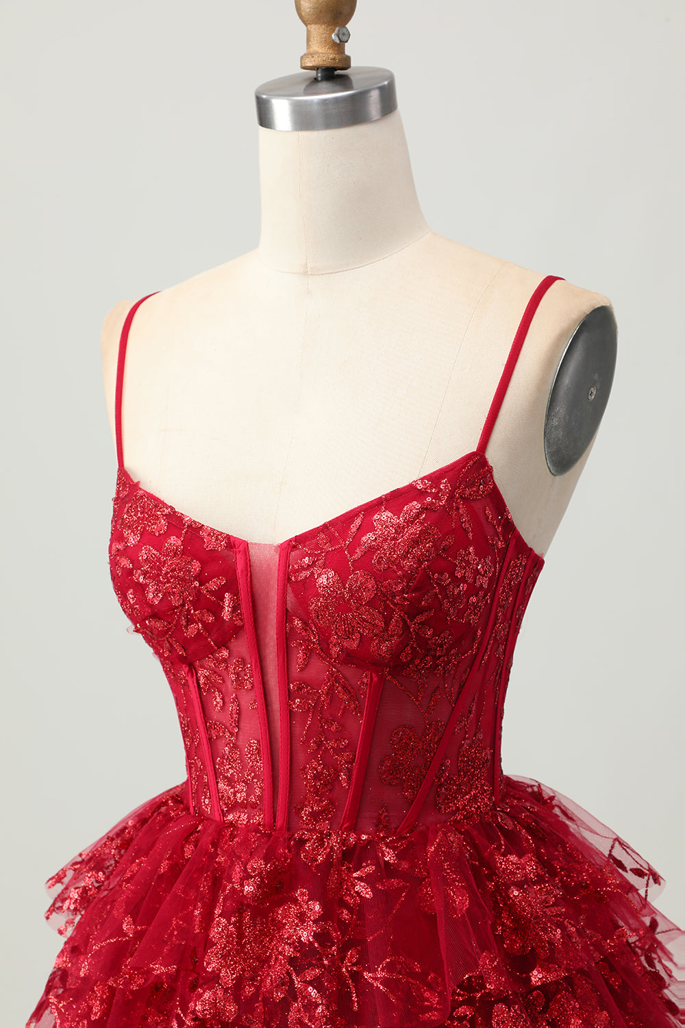 Sparkly Dark Red A Line Tiered Short Corset Homecoming Dress with Lace