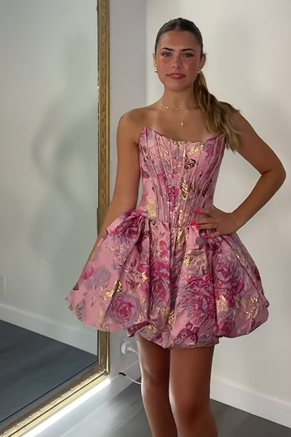 Strapless Grey Pink Corset A Line Short Floral Homecoming Dress