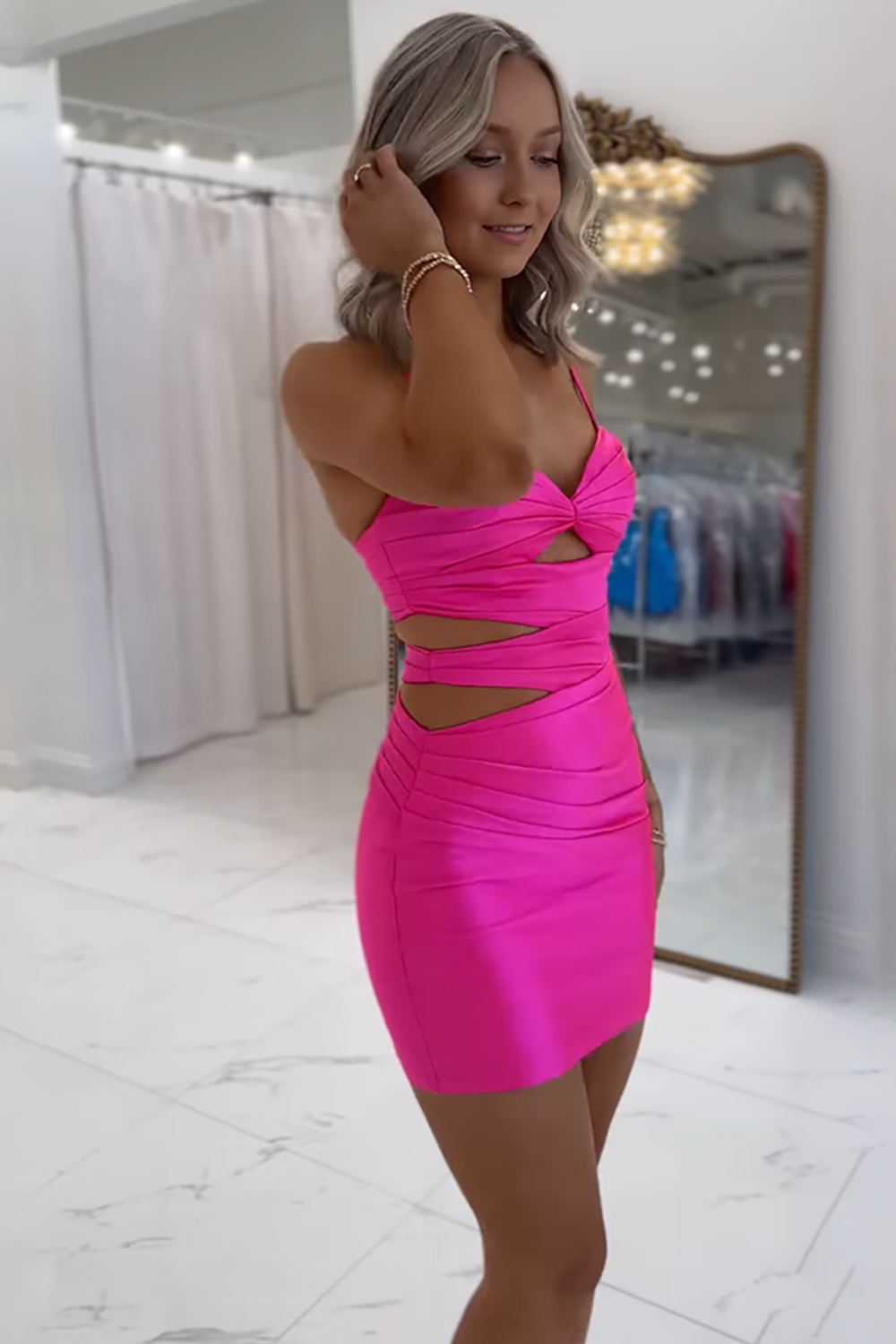 Red Satin Cut Out Ruched Short Tight Homecoming Dress