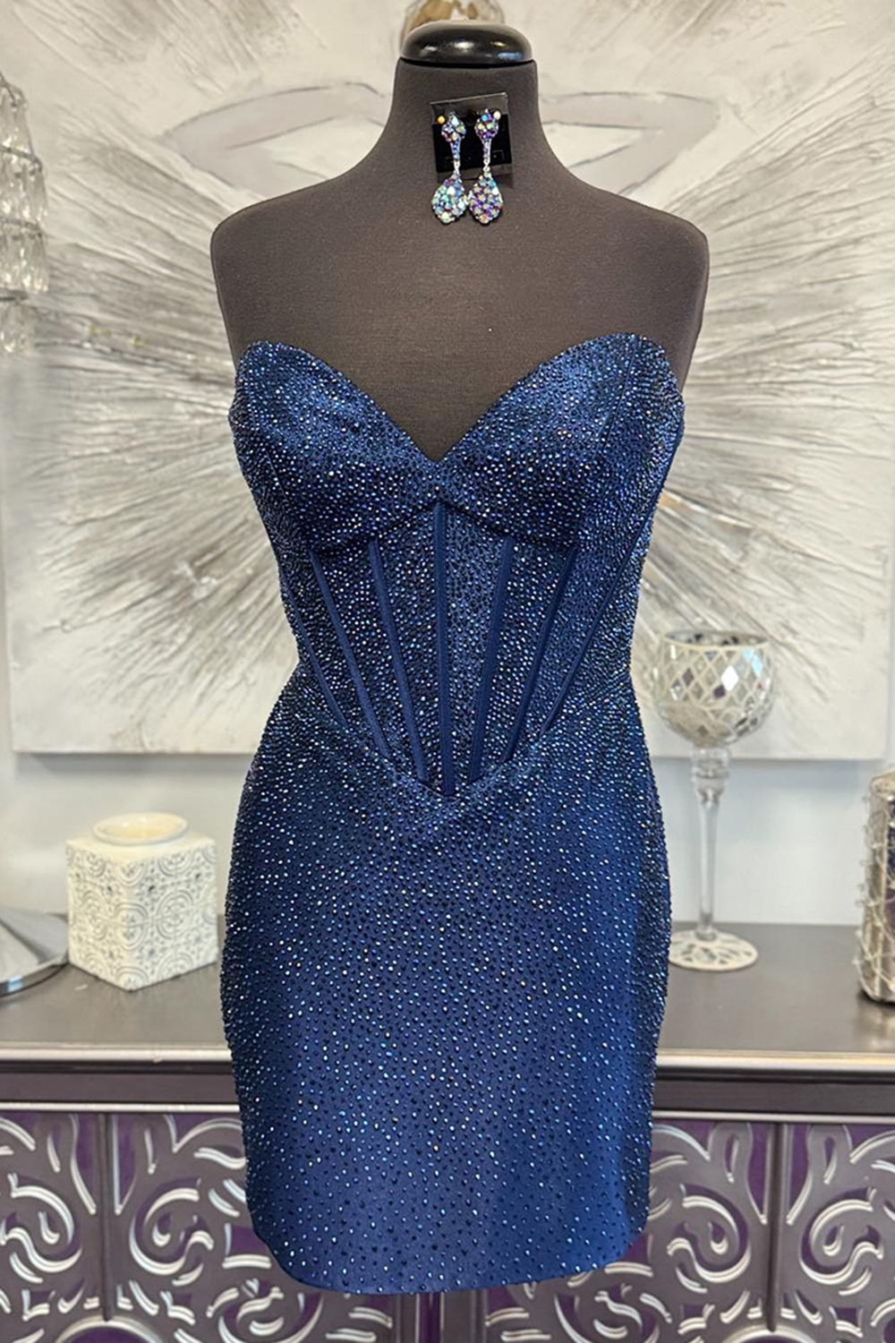 Sparkly Grey Blue Bodycon Short Corset Homecoming Dress with Beading