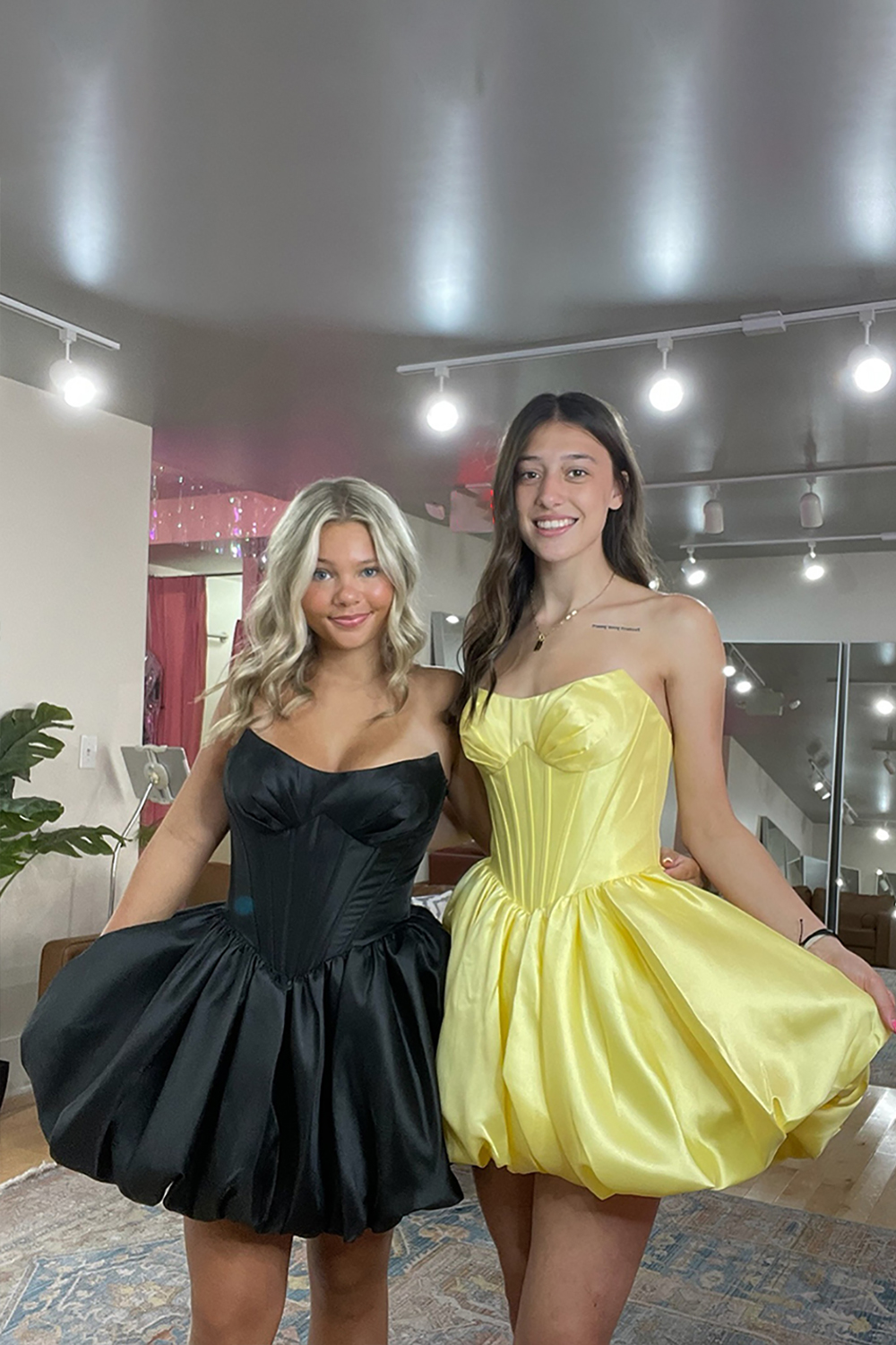 Yellow Satin Strapless A Line Short Corset Homecoming Dress