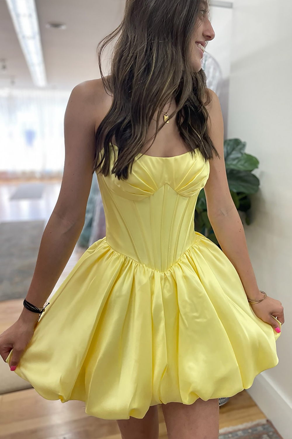 Yellow Satin Strapless A Line Short Corset Homecoming Dress