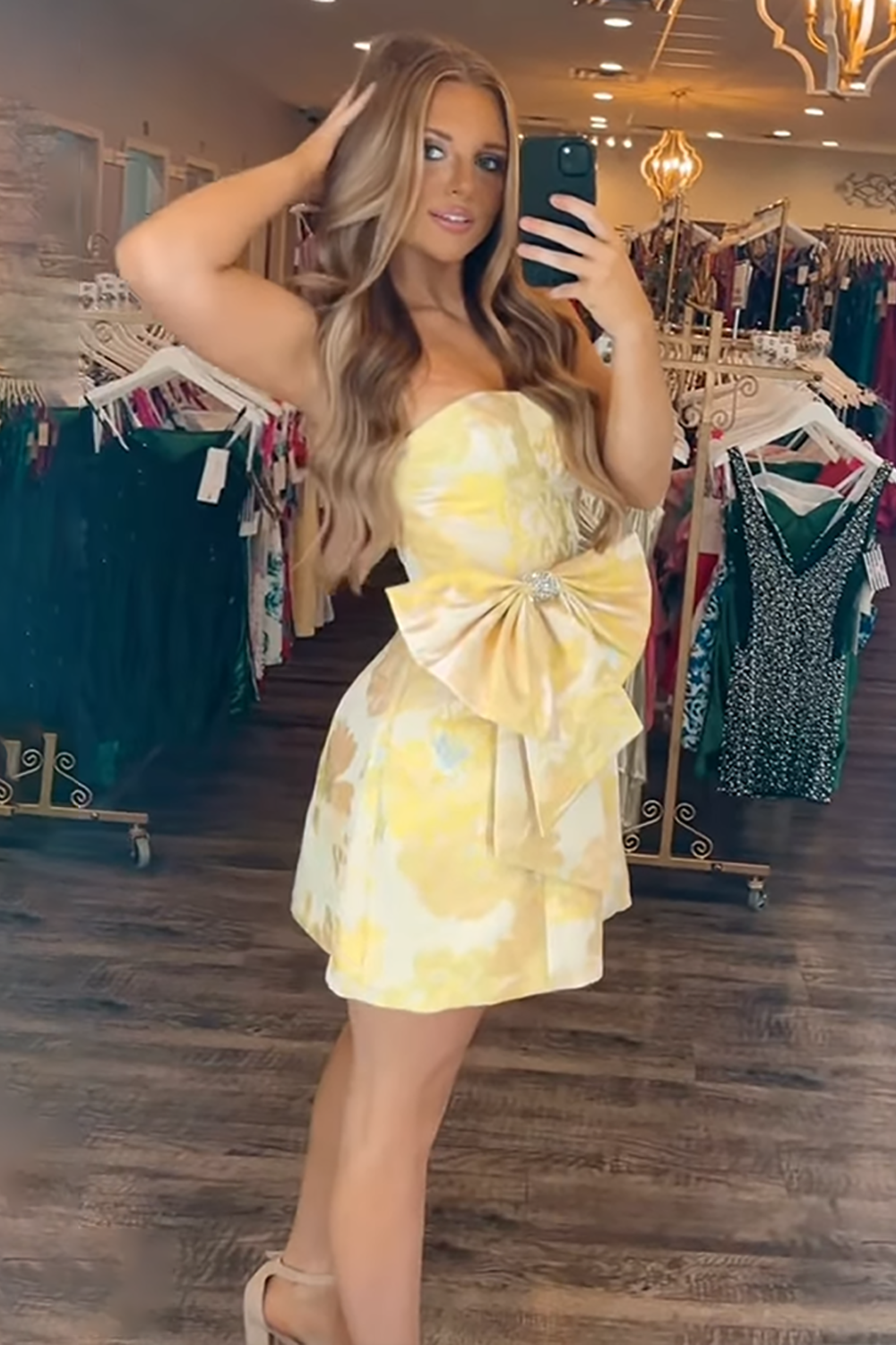 Sparkly Yellow Floral Printed A Line Short Homecoming Dress with Bow
