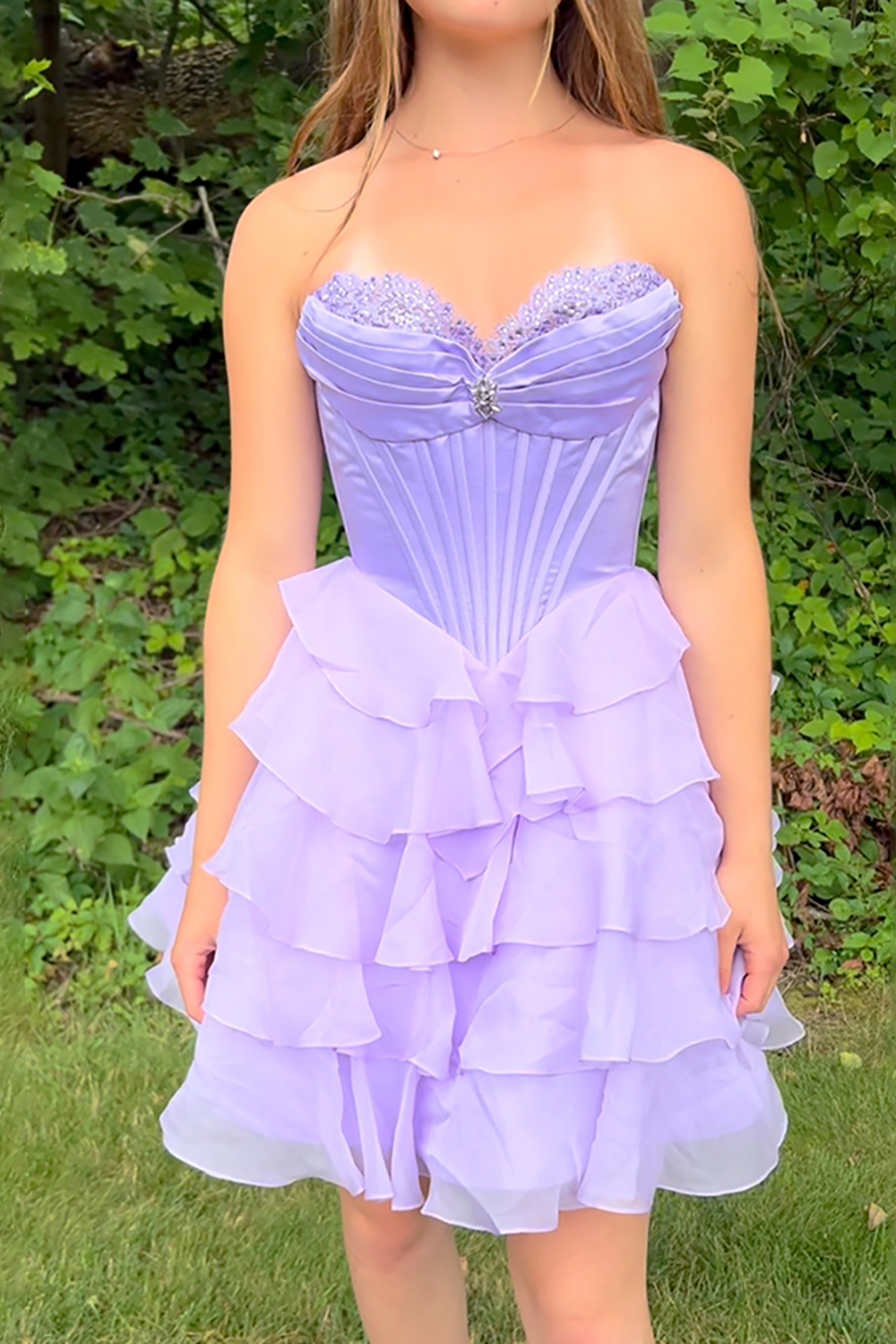 Sparkly Lavender Tiered Short Corset Homecoming Dress with Beading