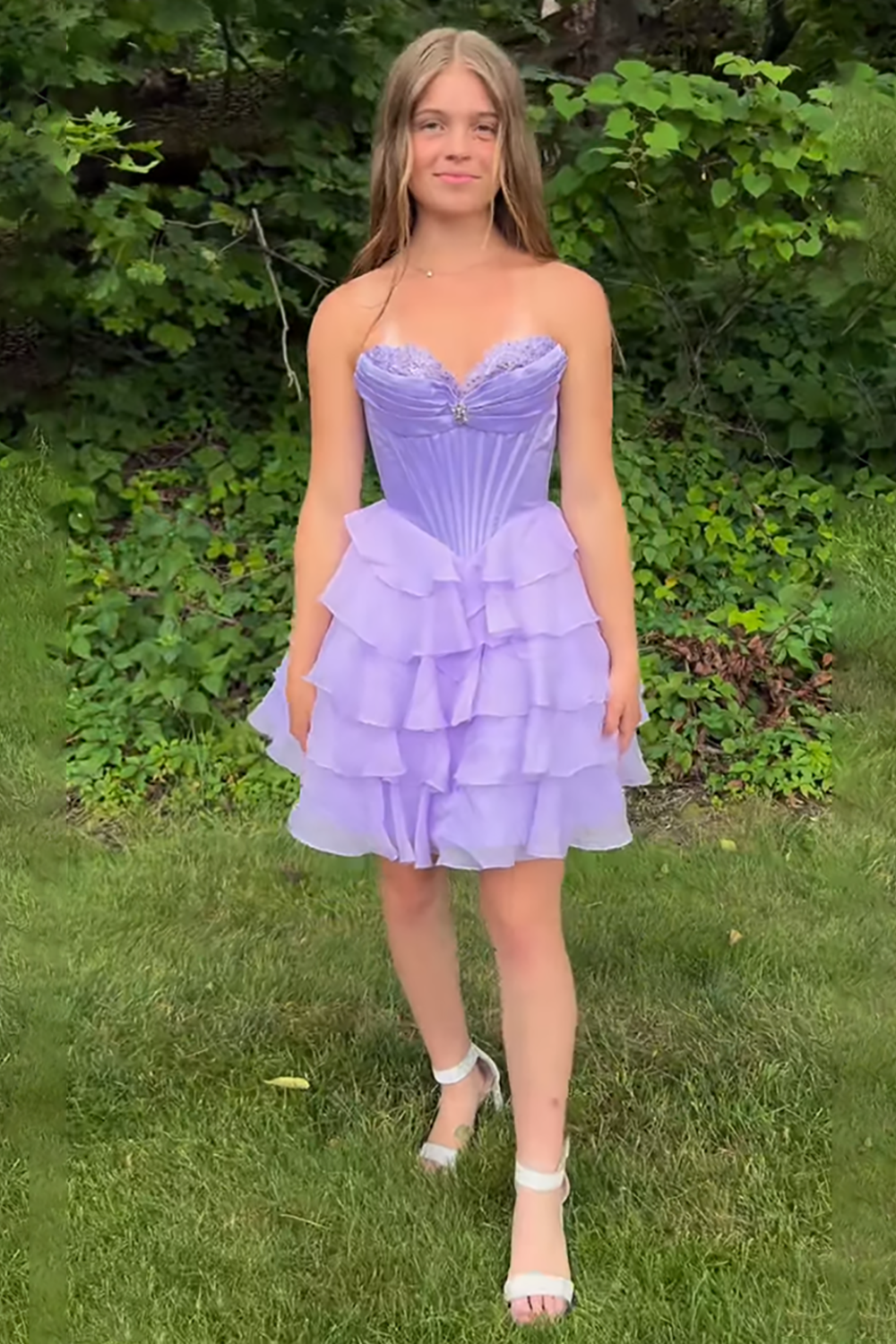 Sparkly Lavender Tiered Short Corset Homecoming Dress with Beading