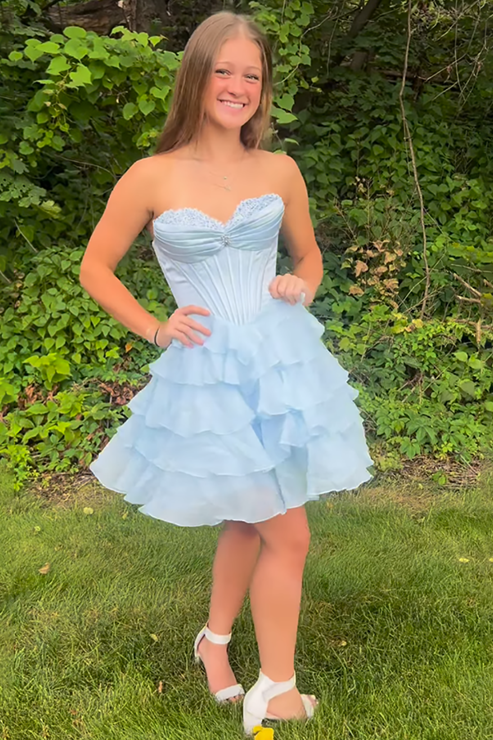 Sparkly Lavender Tiered Short Corset Homecoming Dress with Beading