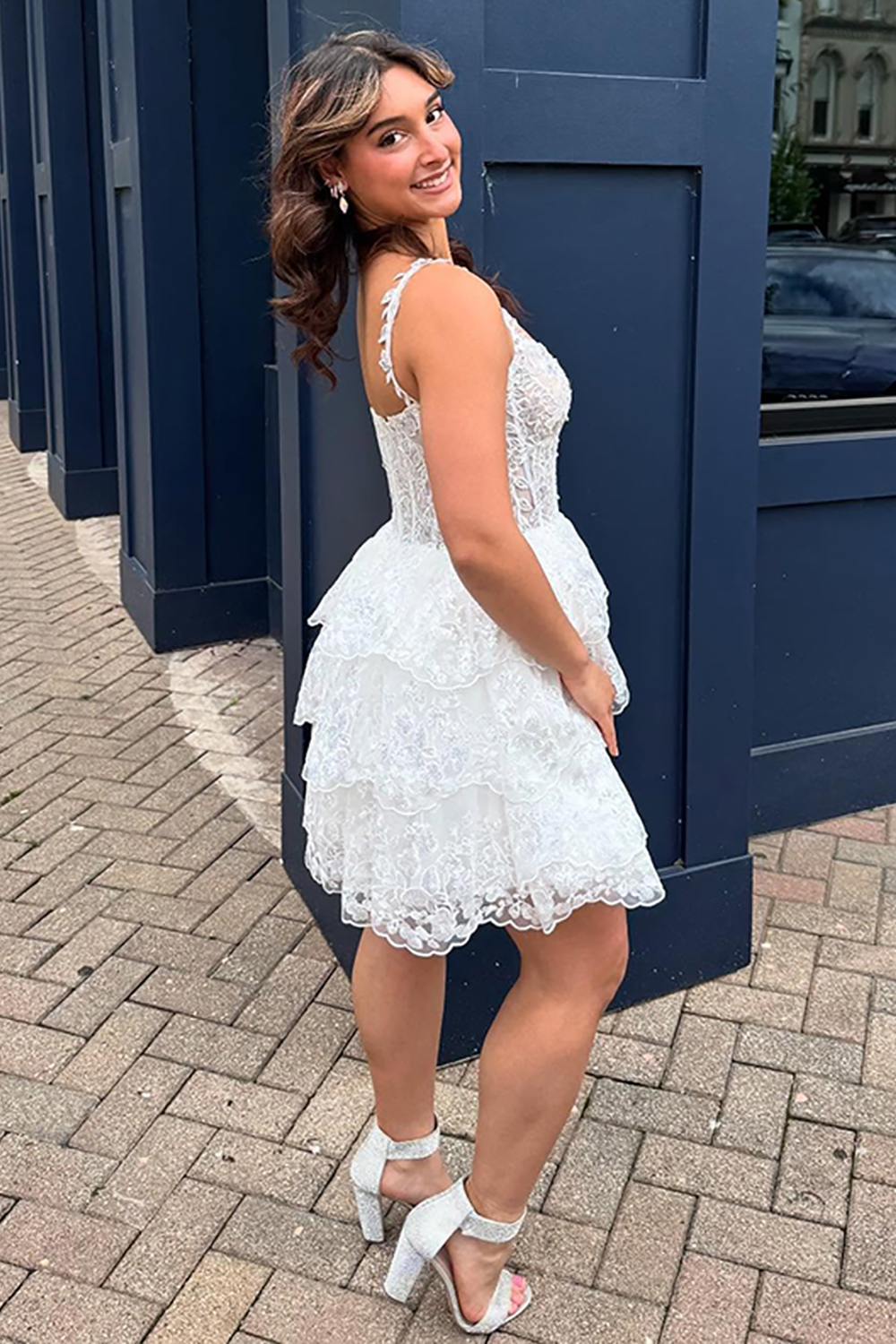 Sparkly White Lace A Line Ruffled Short Corset Homecoming Dress