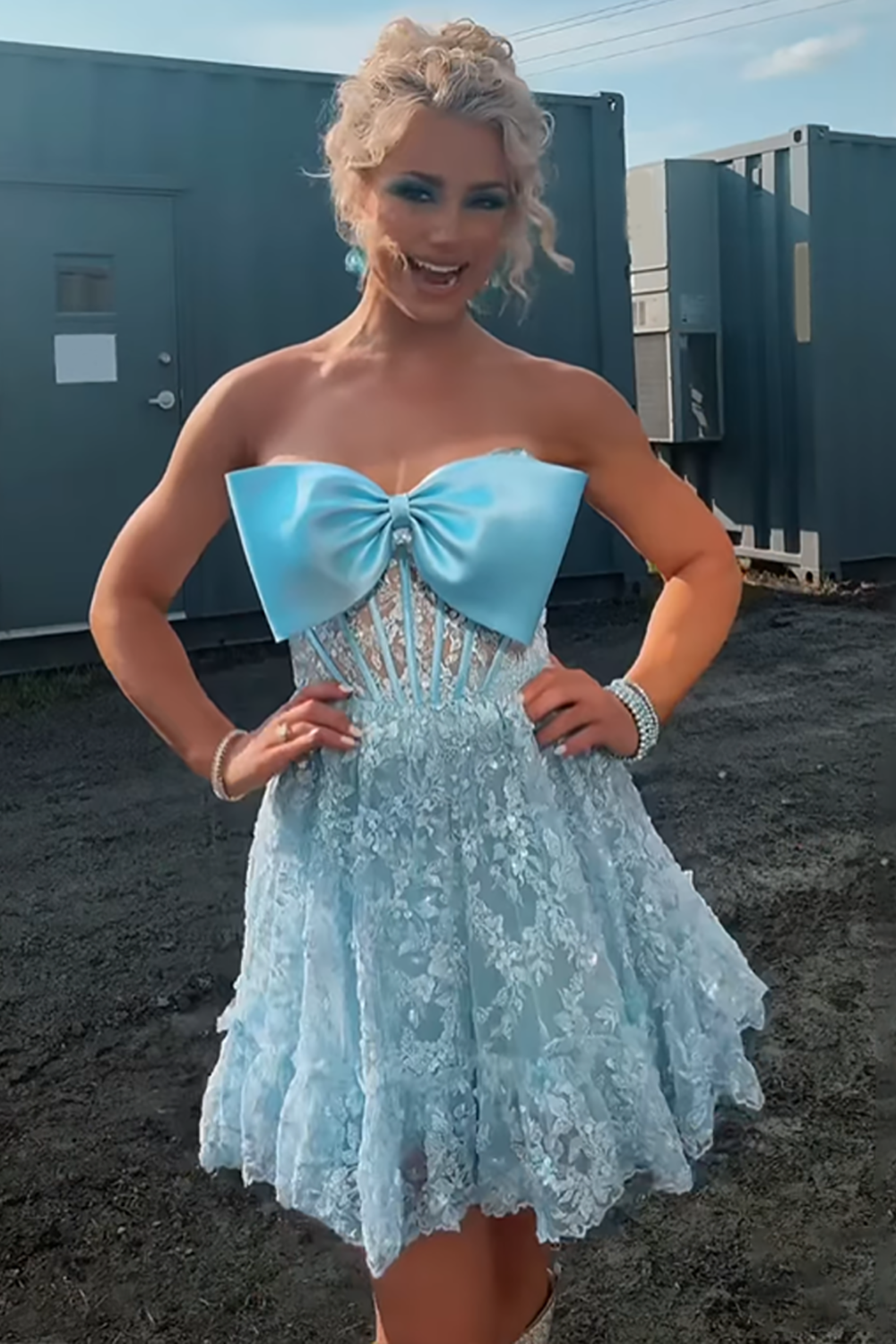 Light Blue Lace Ruffled Short Corset Homecoming Dress with Bow