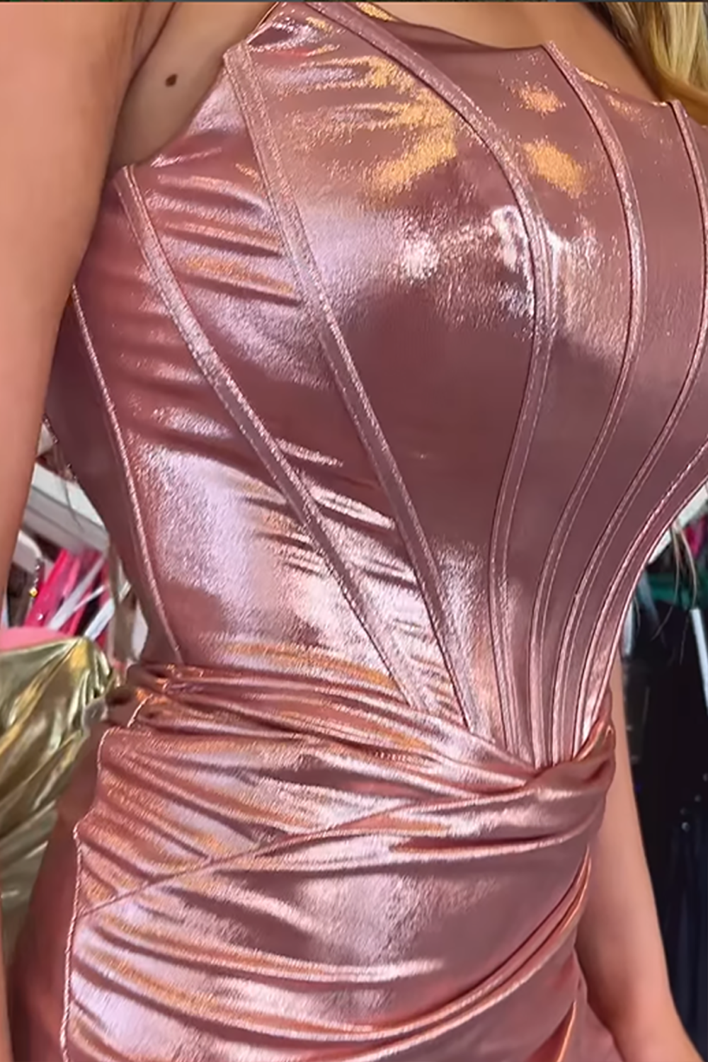 Pink Metallic Corset Ruched Short Tight Homecoming Dress