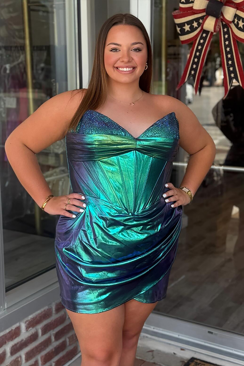 Sparkly Peacock Green Metallic Beaded Corset Short Tight Homecoming Dress