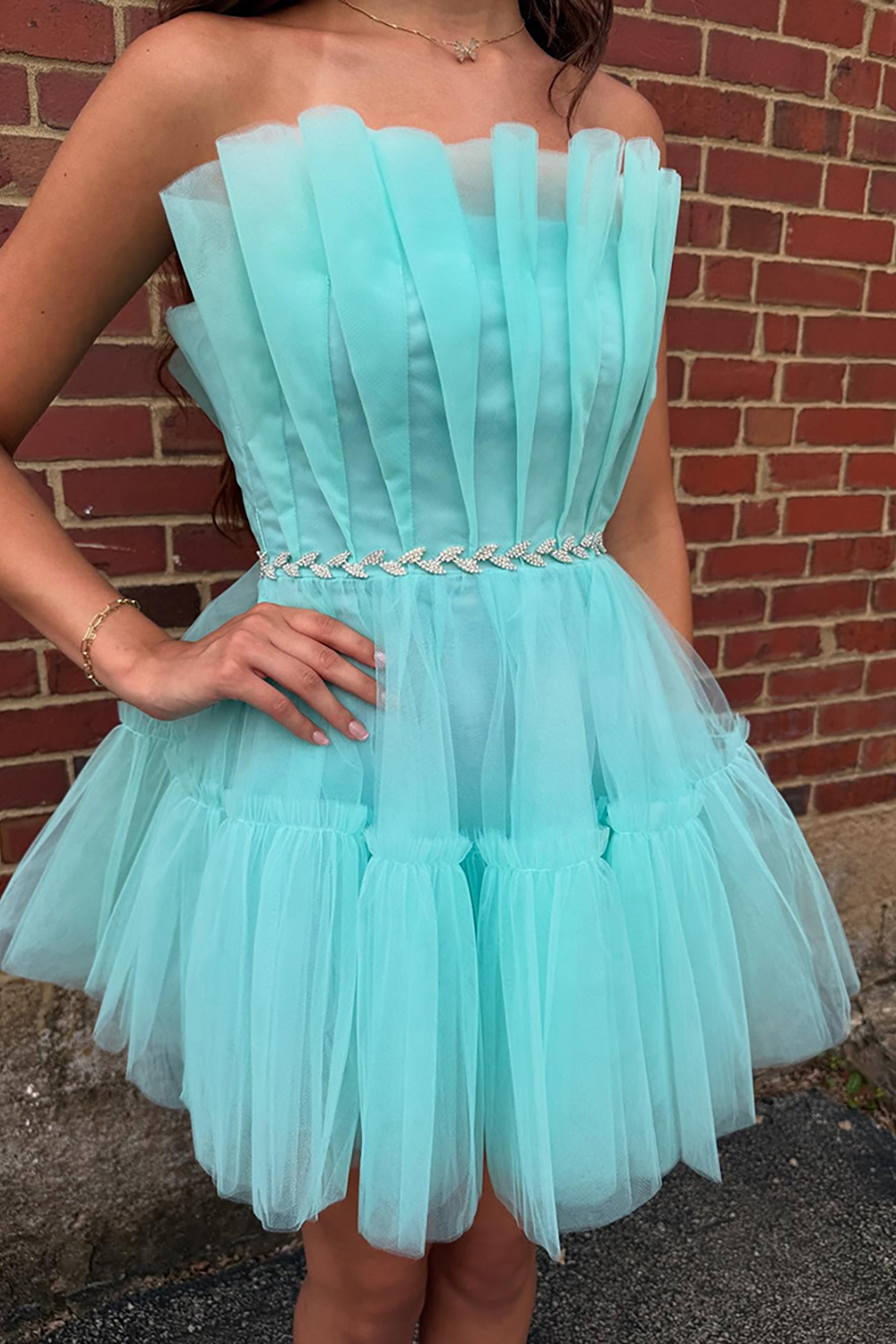 Sparkly Mint Ruched A Line Ruffled Strapless Short Homecoming Dress