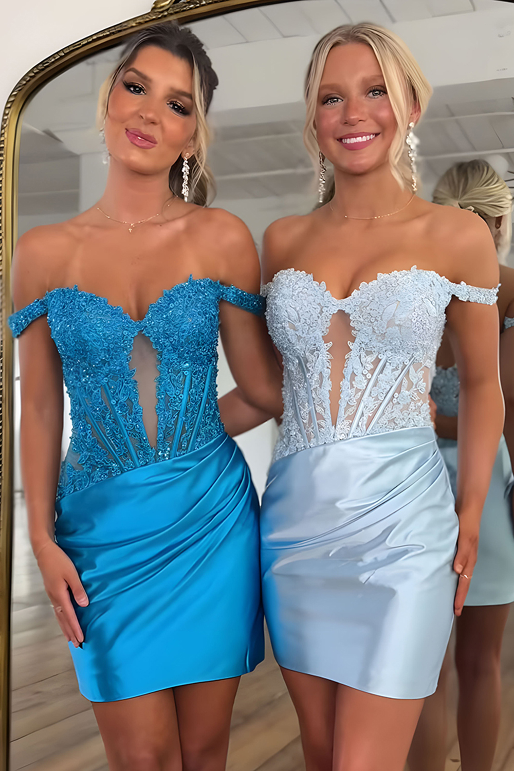 Sparkly Turquoise Satin Tight Short Corset Homecoming Dress with Lace
