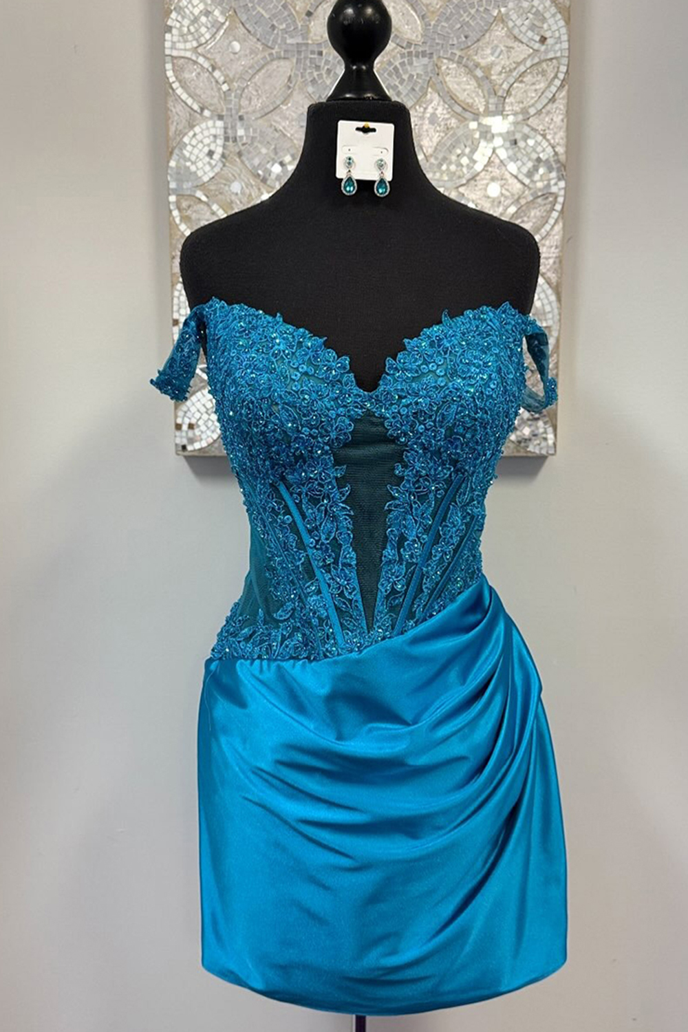 Sparkly Turquoise Satin Tight Short Corset Homecoming Dress with Lace