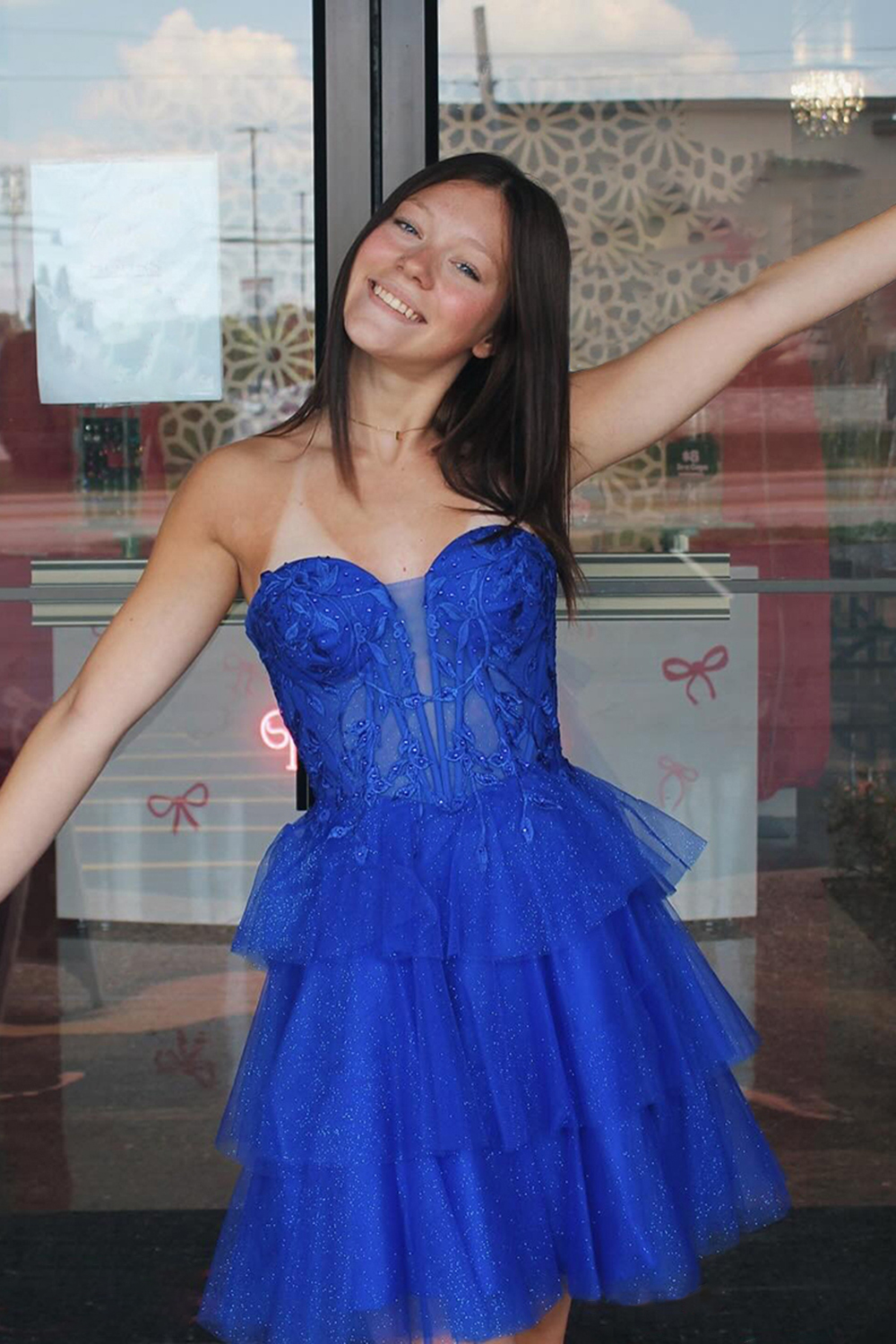 Royal Blue Strapless A Line Short Corset Homecoming Dress with Ruffles