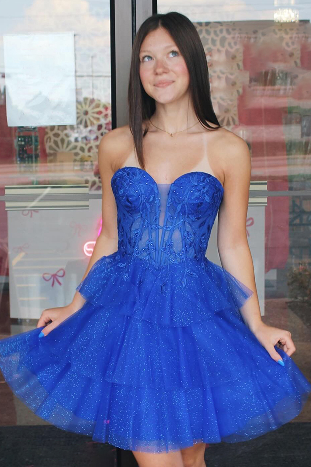 Royal Blue Strapless A Line Short Corset Homecoming Dress with Ruffles