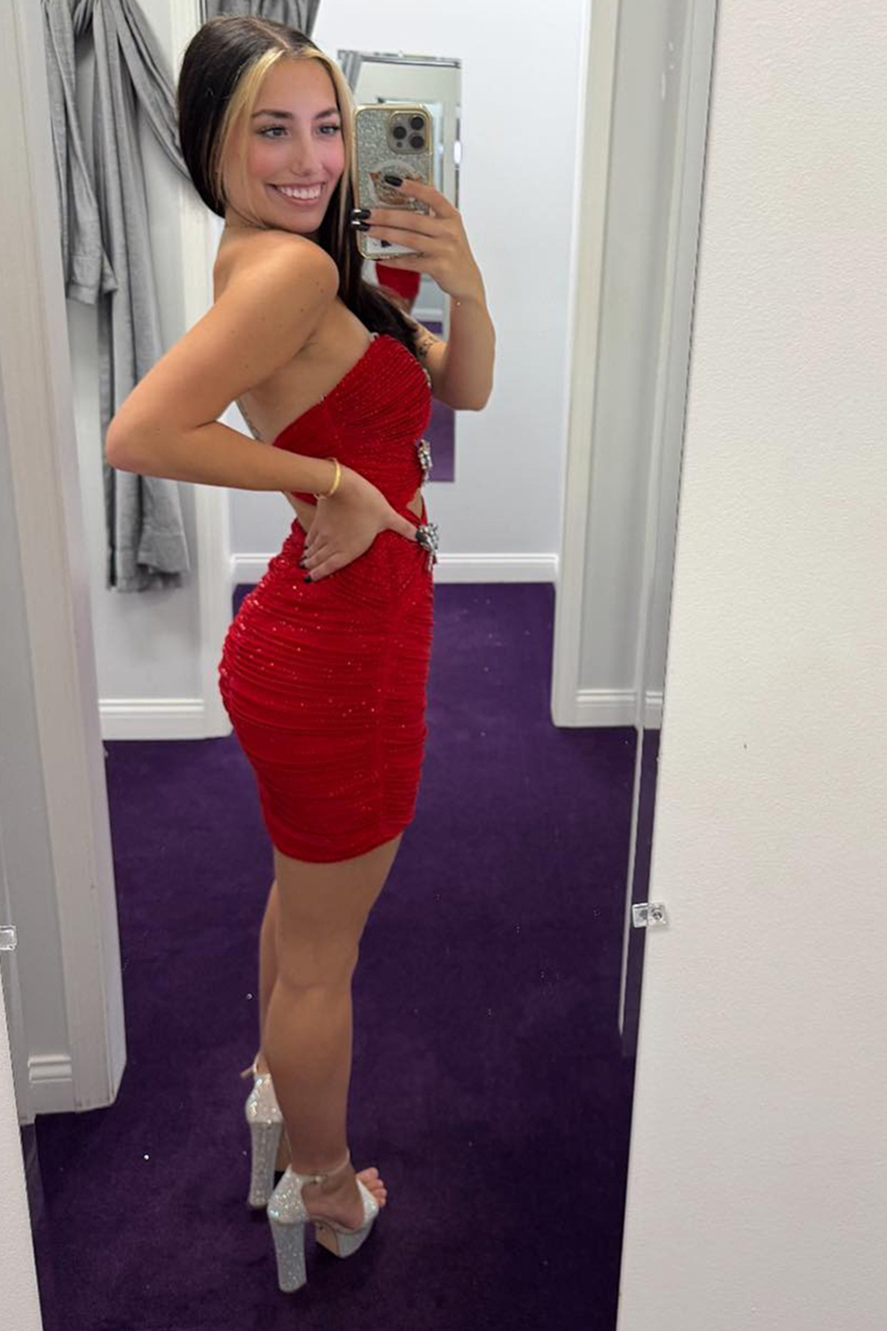 Sparkly Black Cut Out Short Tight Homecoming Dress with Bows