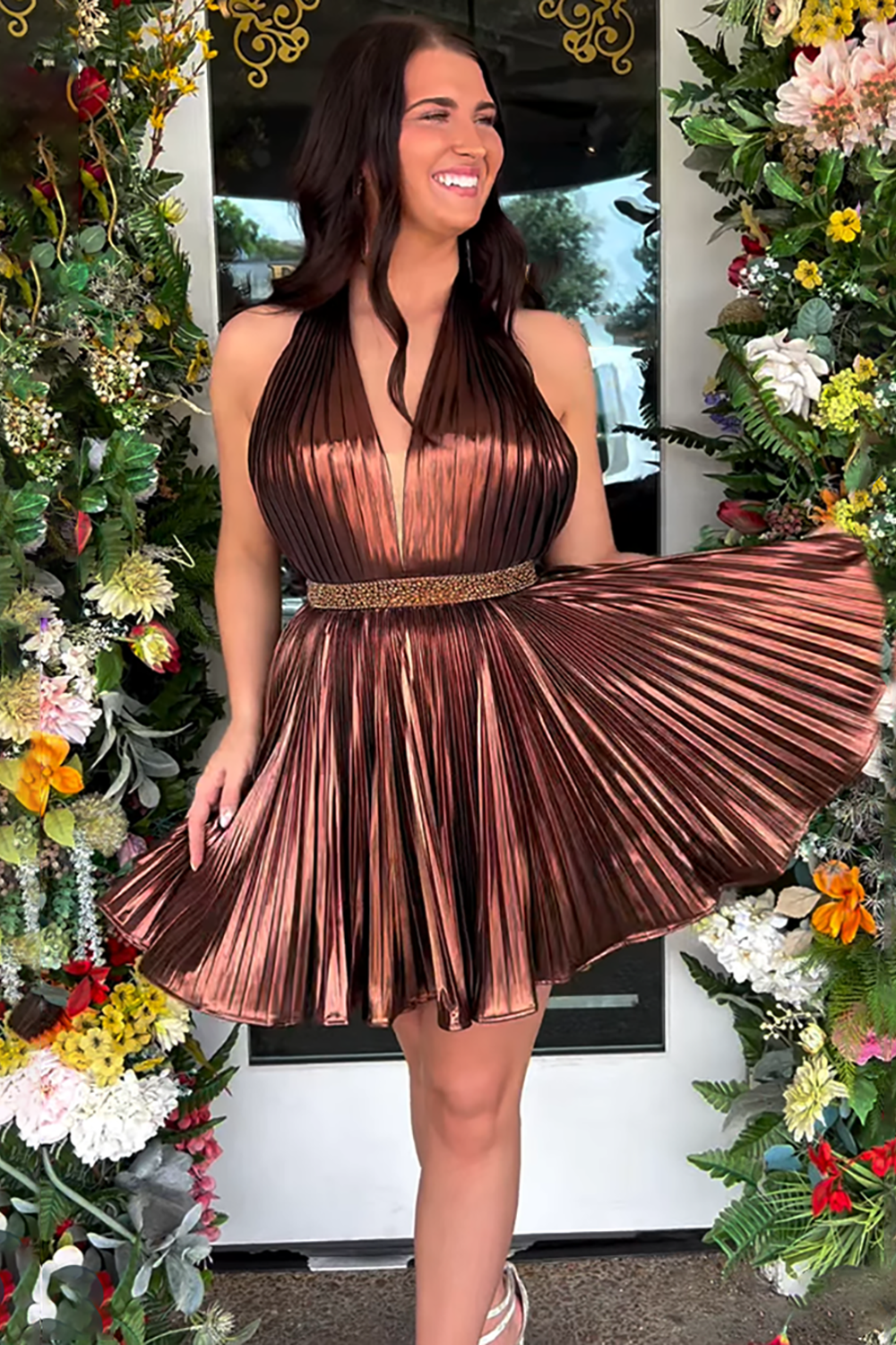 Sparkly Brown Tight Pleated Halter Metallic Short Homecoming Dress with Beading