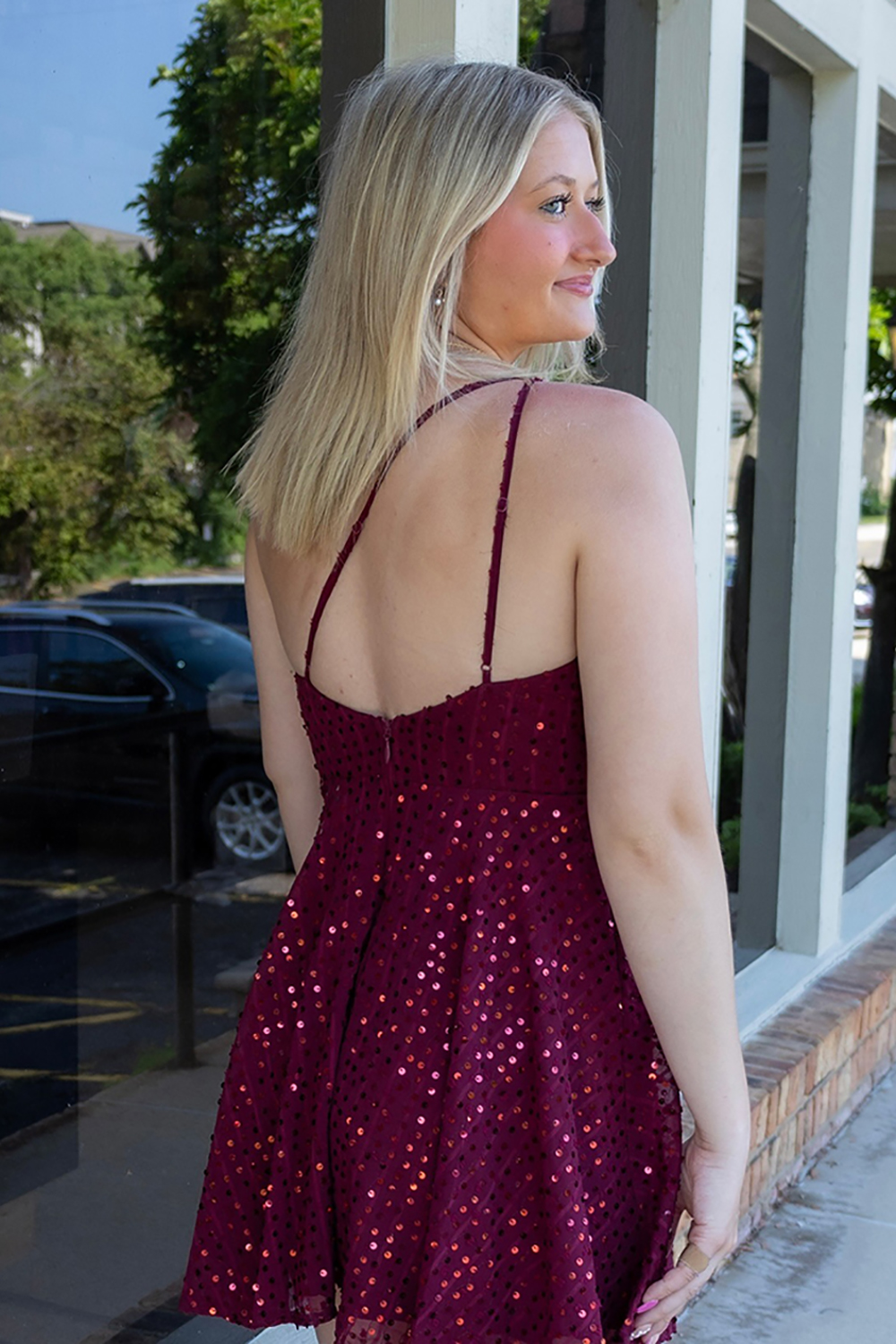 Sparkly Burgundy A Line One Shoulder  Sequin Homecoming Dress
