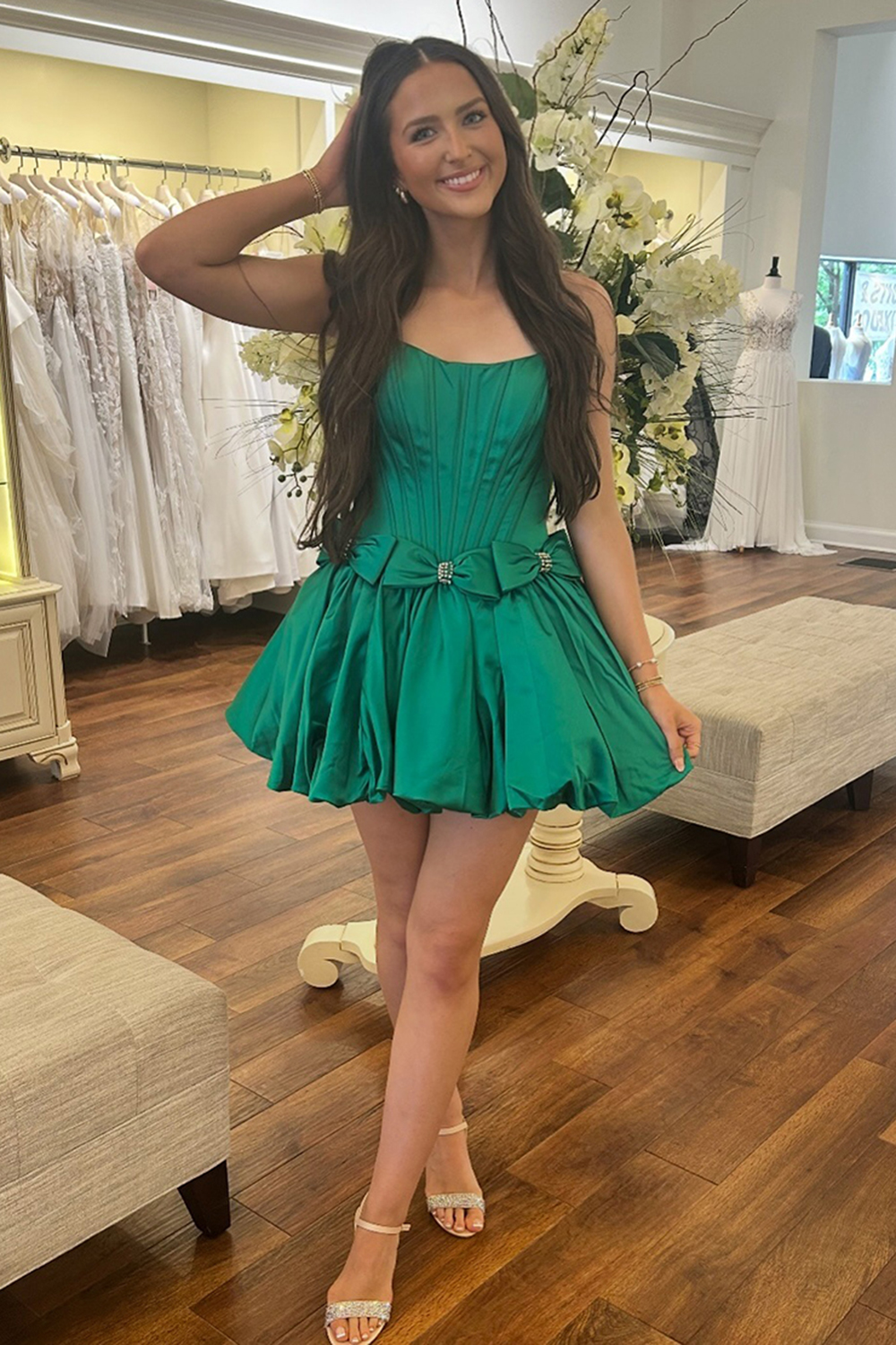 Sparkly Red Strapless Satin Short Corset Homecoming Dress with Bow