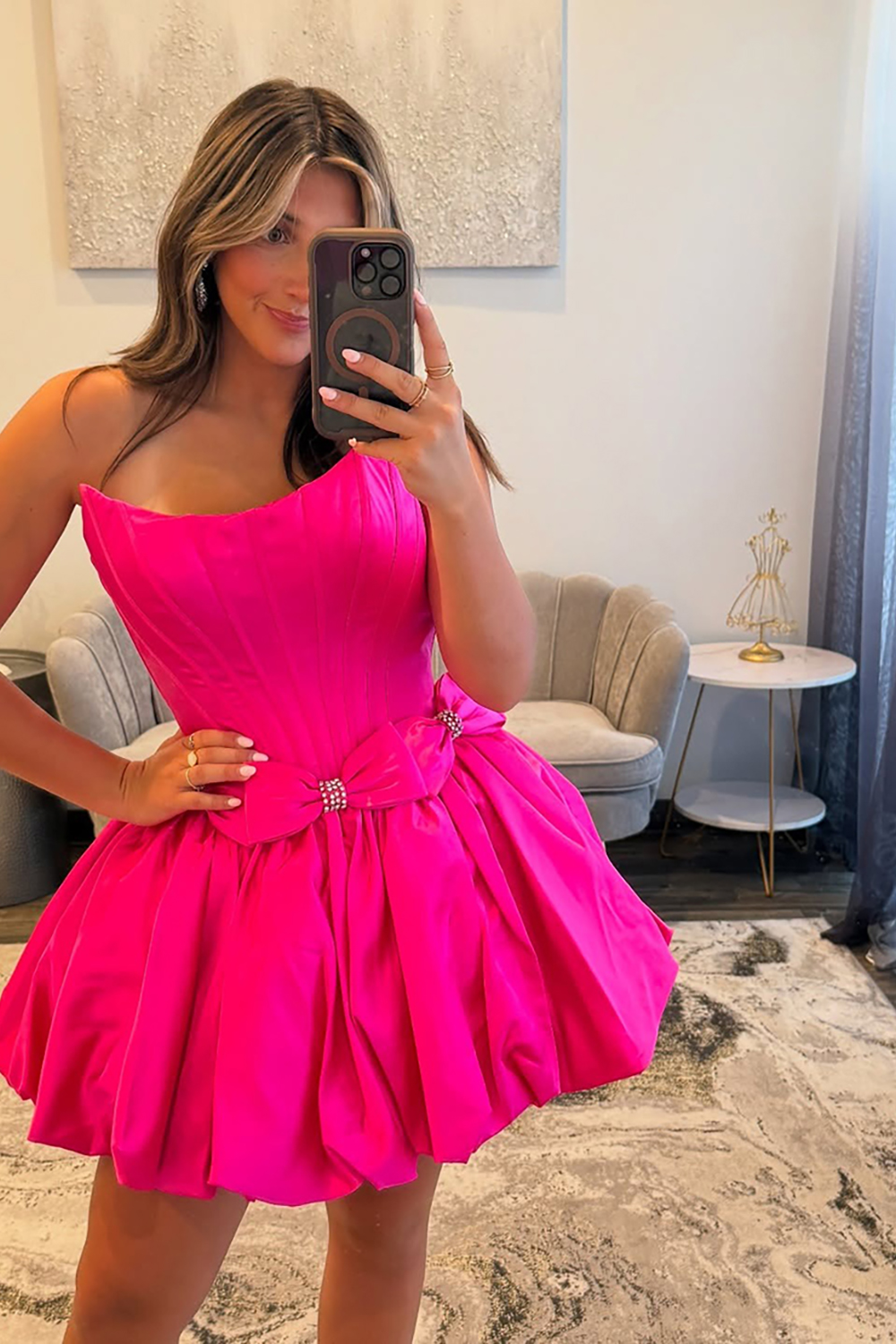 Sparkly Red Strapless Satin Short Corset Homecoming Dress with Bow