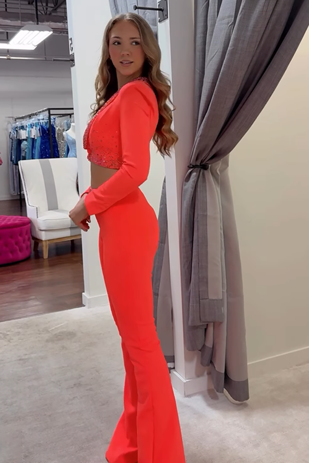 Sparkly Orange 2 Piece Long Homecoming Suits with Sequins