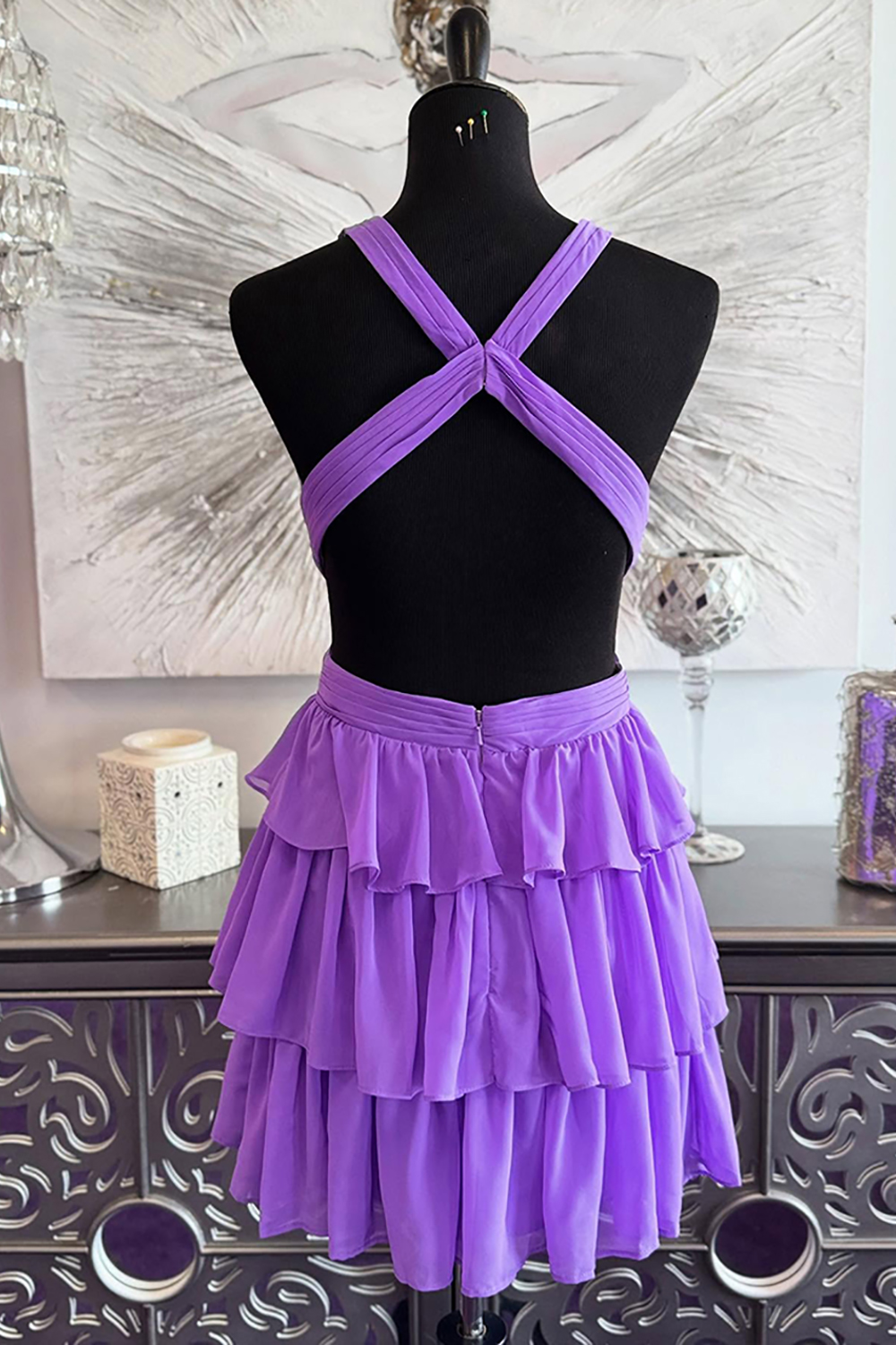 Yellow Chiffon Cut Out A Line Tiered Short Homecoming Dress with Ruffles