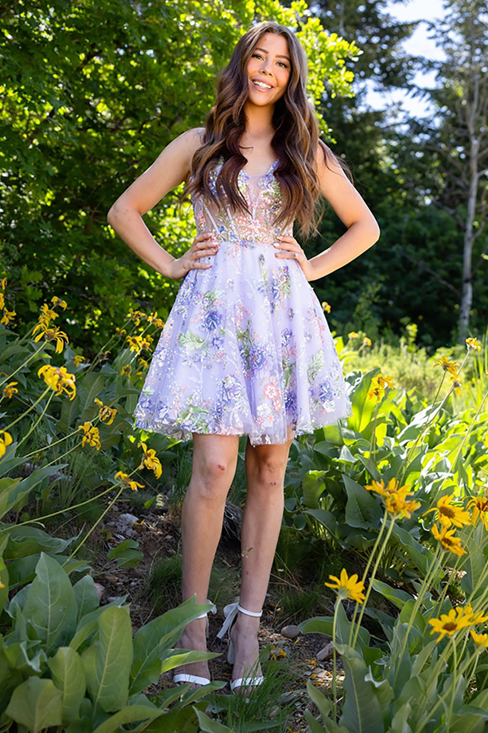 Lilac A Line Floral Spaghetti Straps Short Corset Homecoming Dress