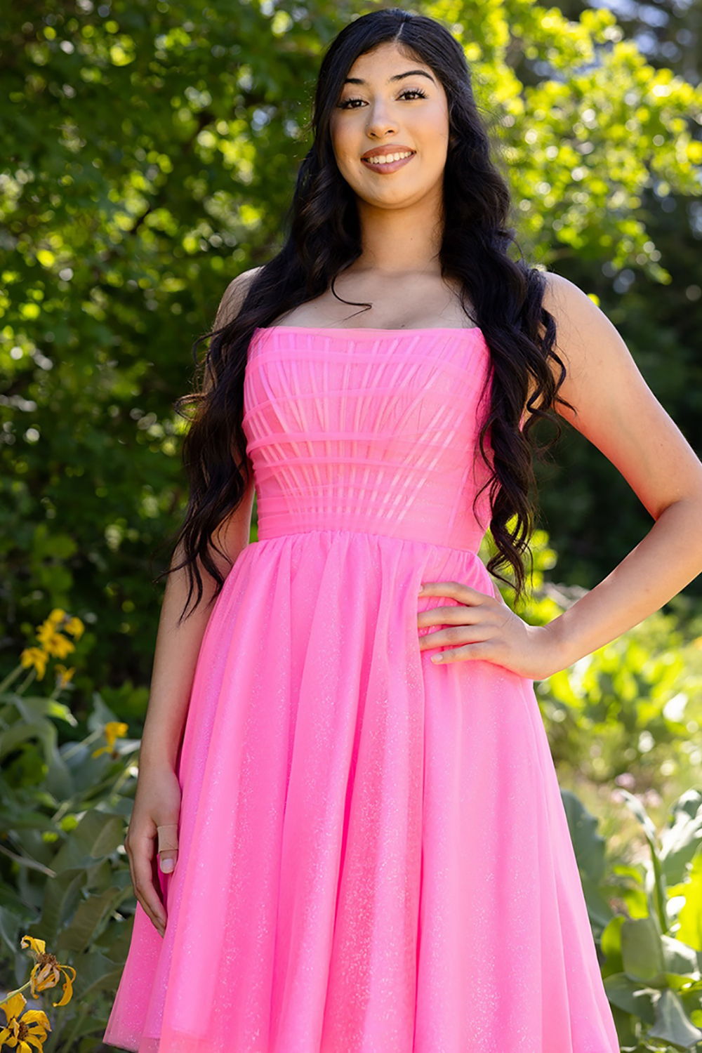 Glitter Fuchsia A Line Tulle Short Corset Homecoming Dress