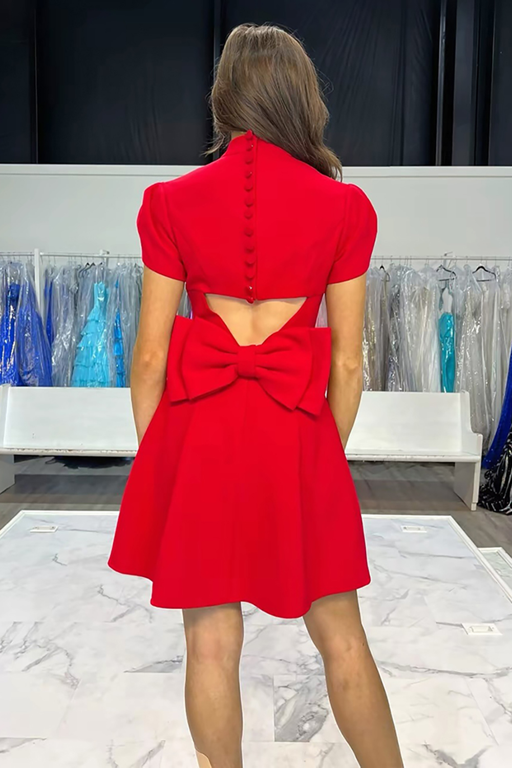 Red A Line High Neck Short Homecoming Dress with Bow