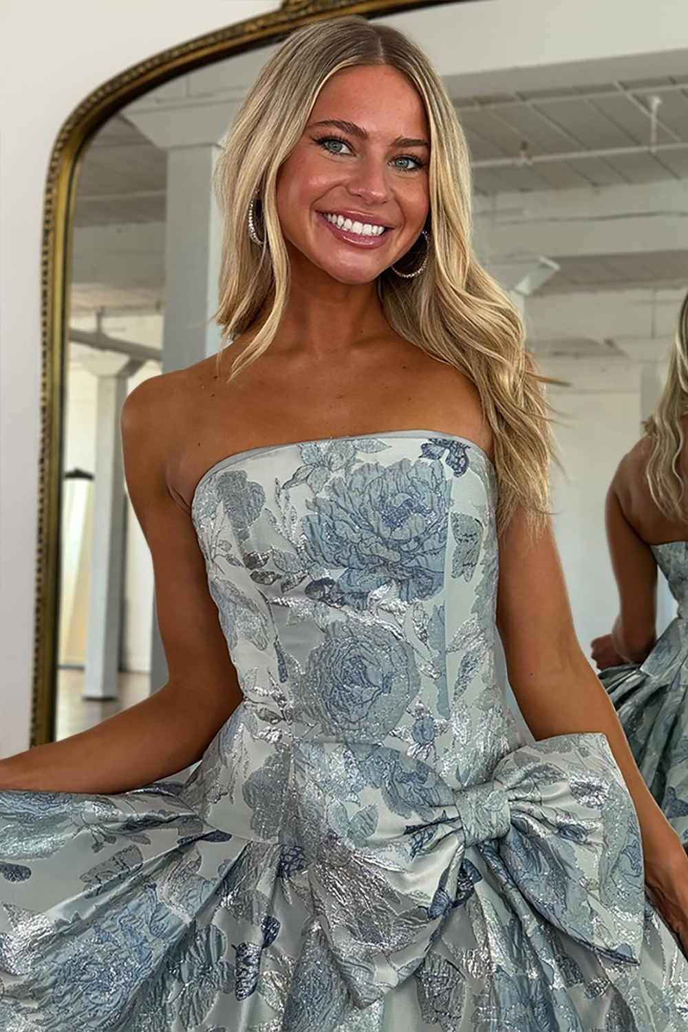 Grey Blue A Line Floral Strapless Short Homecoming Dress with Bow