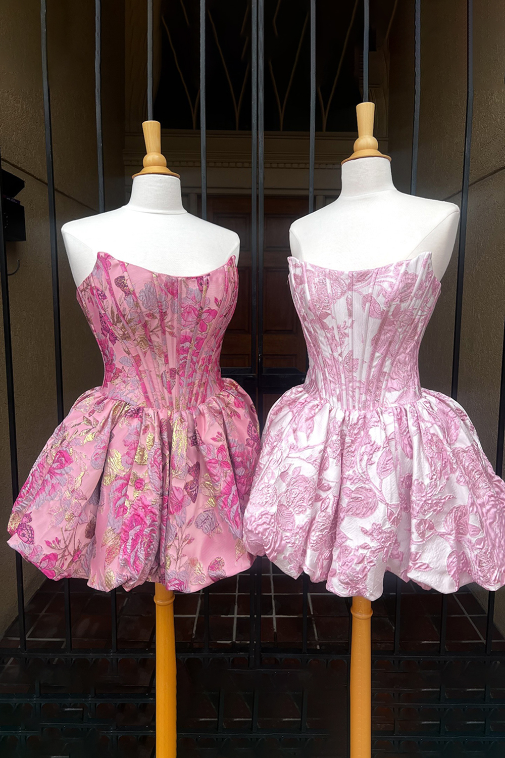 Floral Fuchsia A Line Strapless Short Corset Homecoming Dress