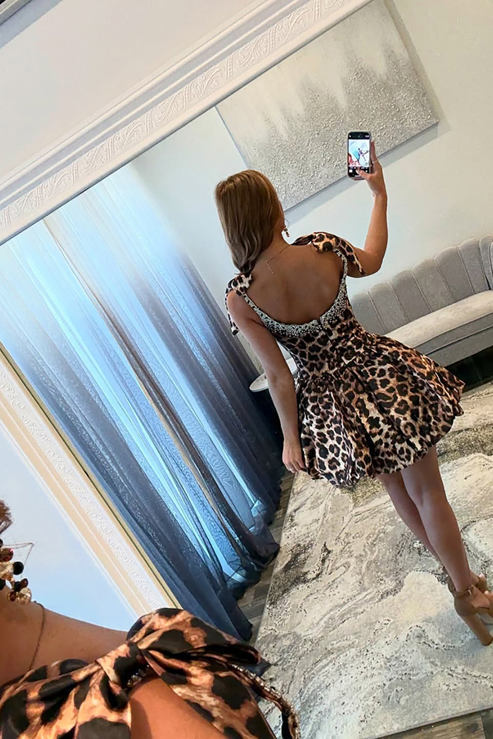 Sparkly Brown Cheetah Print A Line Short Beaded Homecoming Dress with Bow