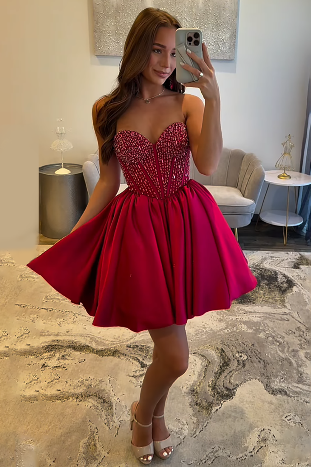 Sparkly Red Sweetheart Short Corset Homecoming Dress with Beading