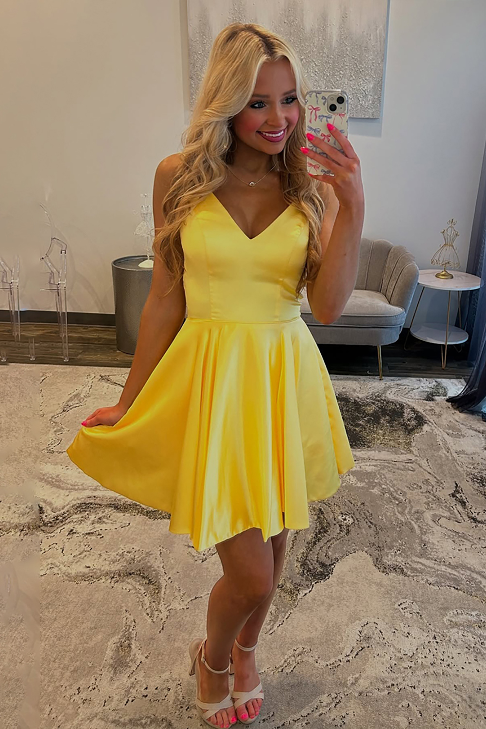 Simple Yellow Satin A Line Short Corset Homecoming Dress