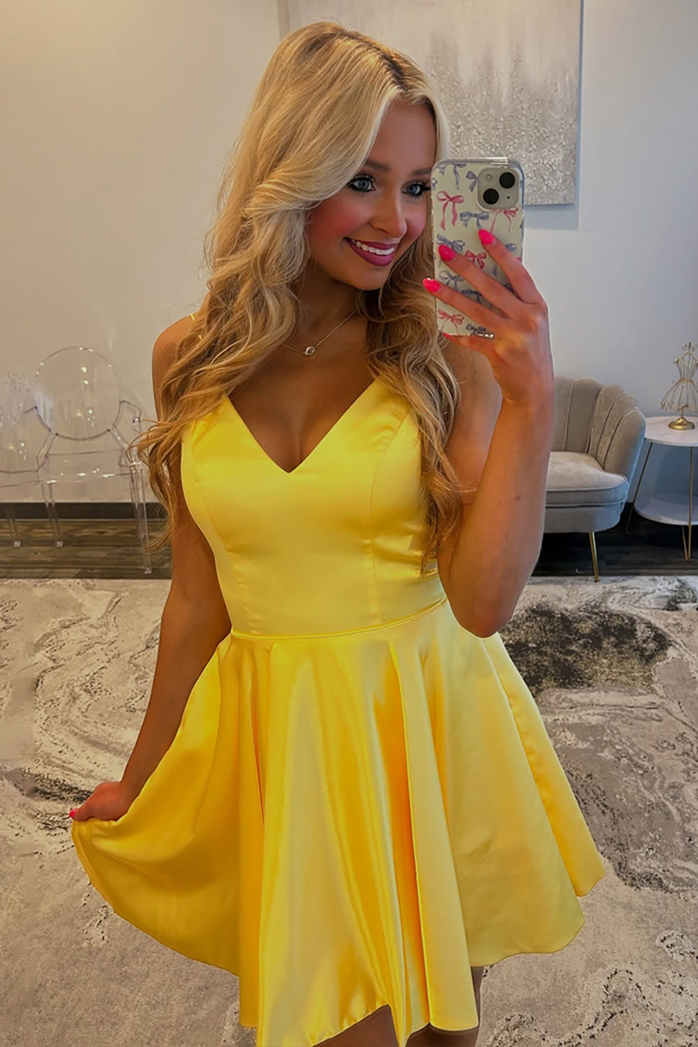 Simple Yellow Satin A Line Short Corset Homecoming Dress