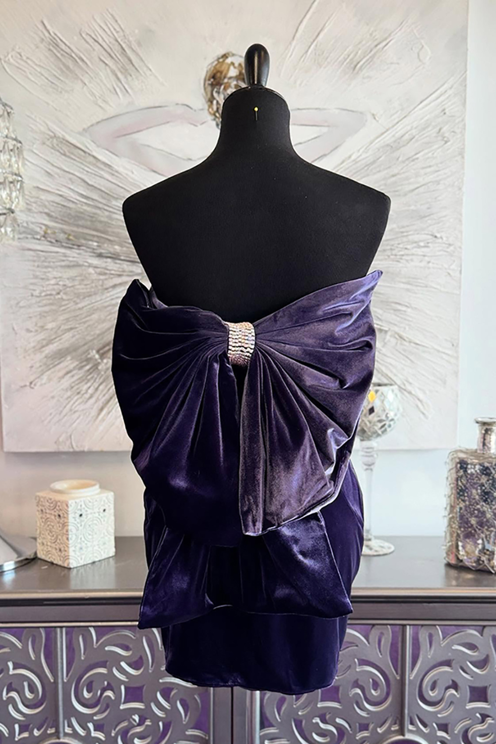 Dark Purple Velvet Tight Strapless Short Homecoming Dress with Bow