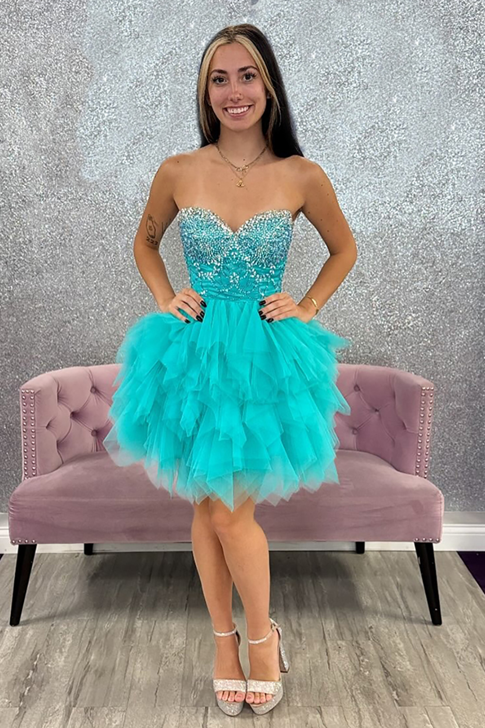 Sparkly Peacock Green Ruffled Beaded Short Homecoming Dress