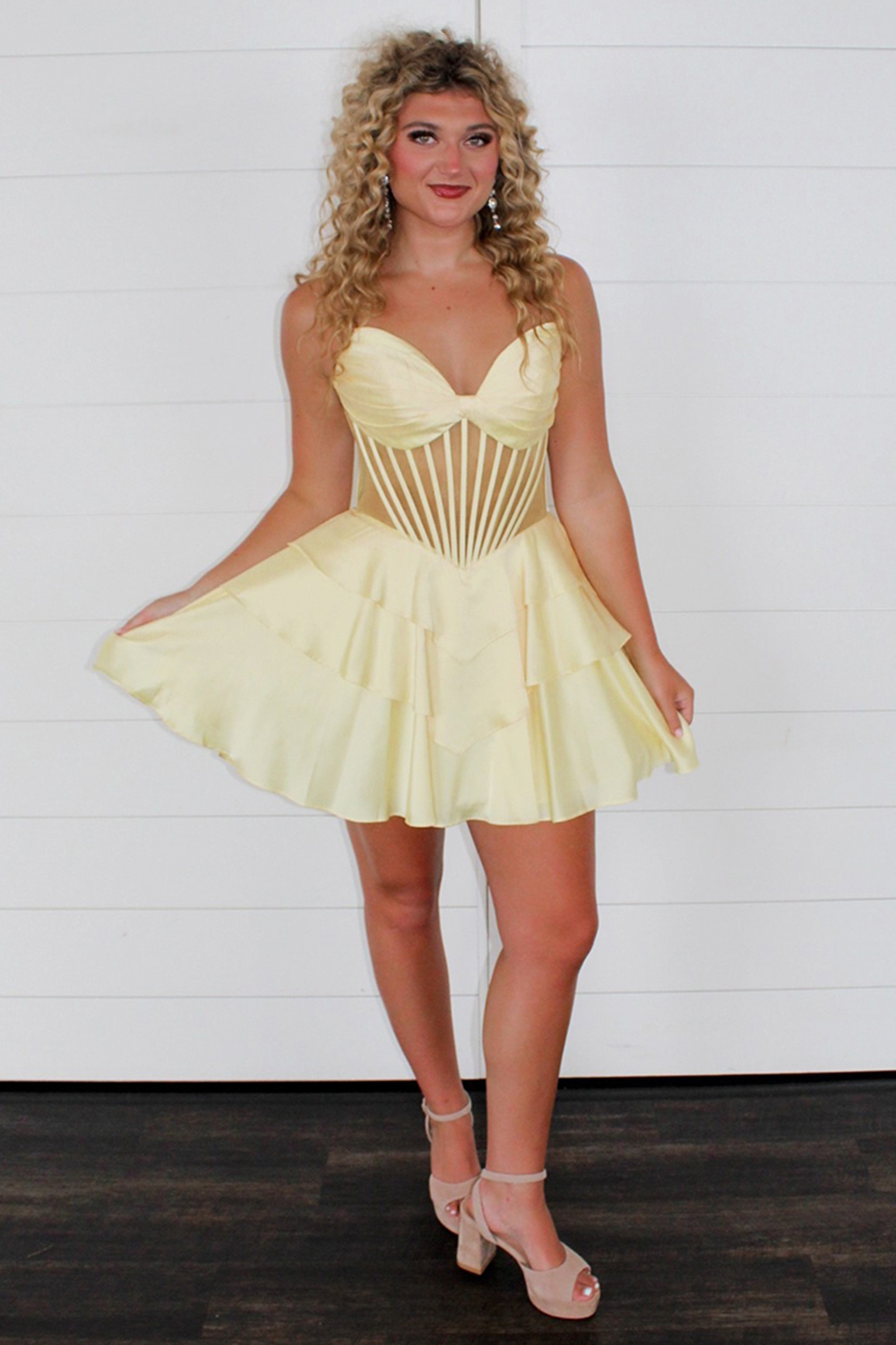 Yellow Satin A Line Tiered Sweetheart Short Corset Homecoming Dress