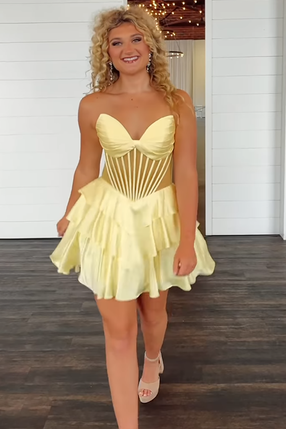 Yellow Satin Ruffled Tiered Sweetheart Short Corset Homecoming Dress