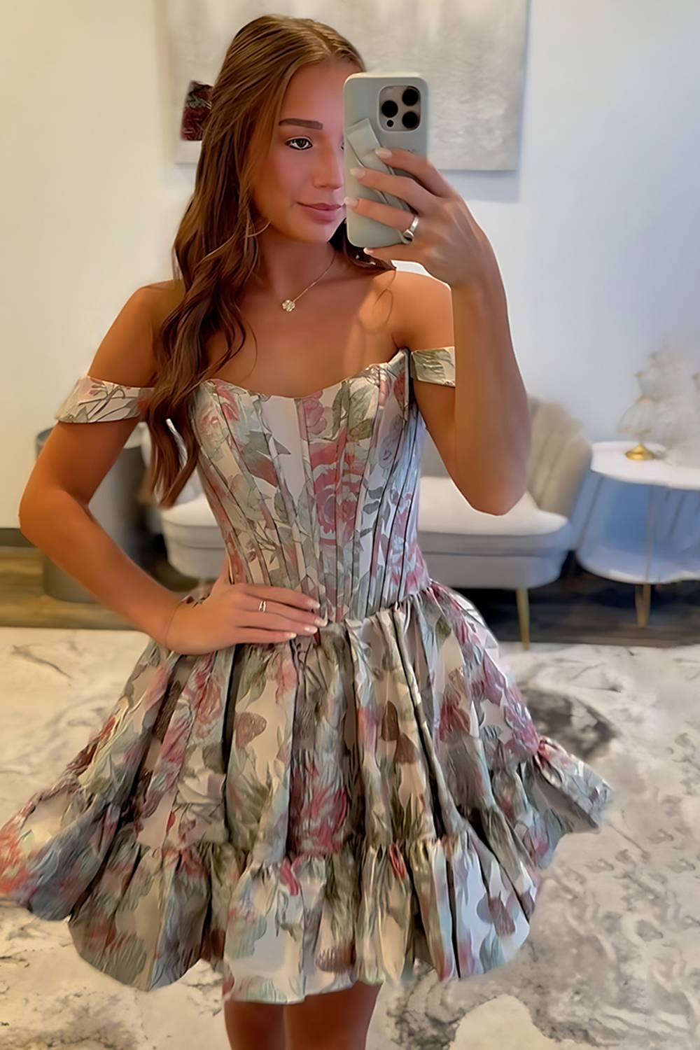 Floral Yellow A Line Jacquard Ruffled Short Corset Homecoming Dress