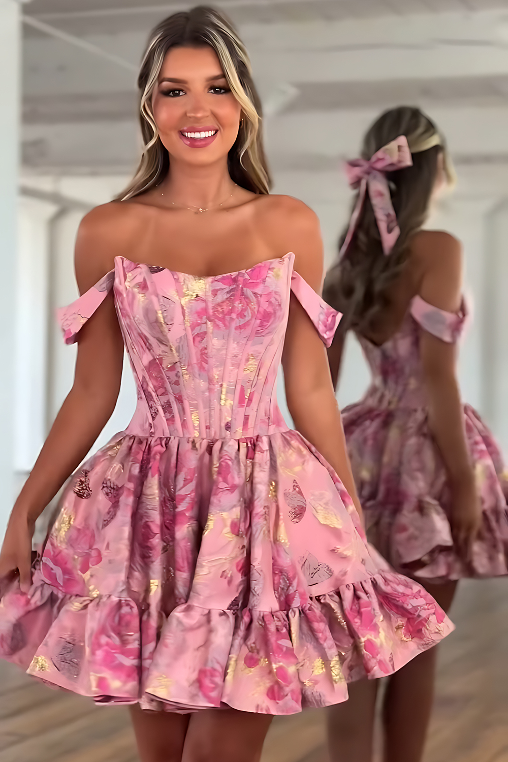 Floral Yellow A Line Jacquard Ruffled Short Corset Homecoming Dress