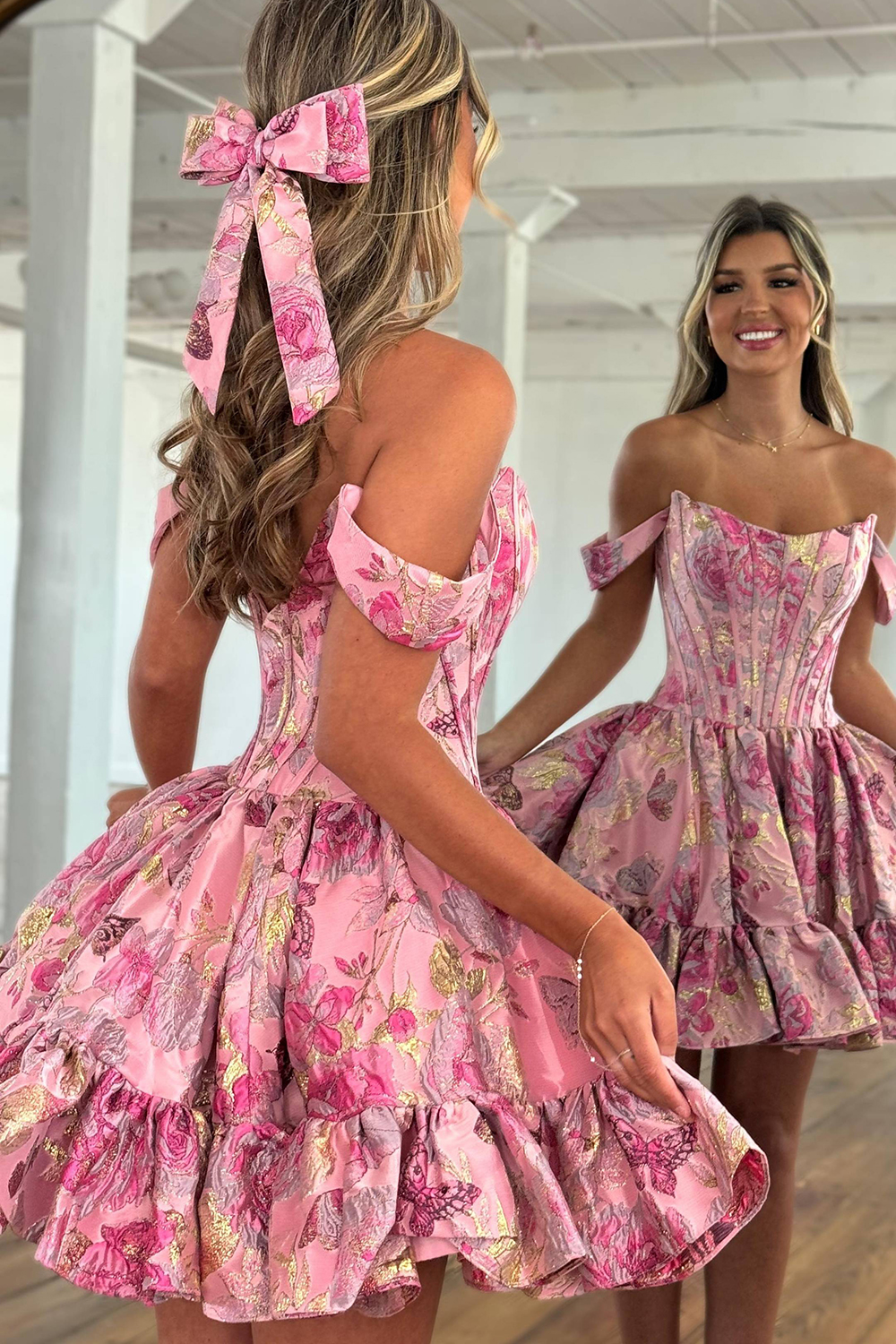 Floral Yellow A Line Jacquard Ruffled Short Corset Homecoming Dress