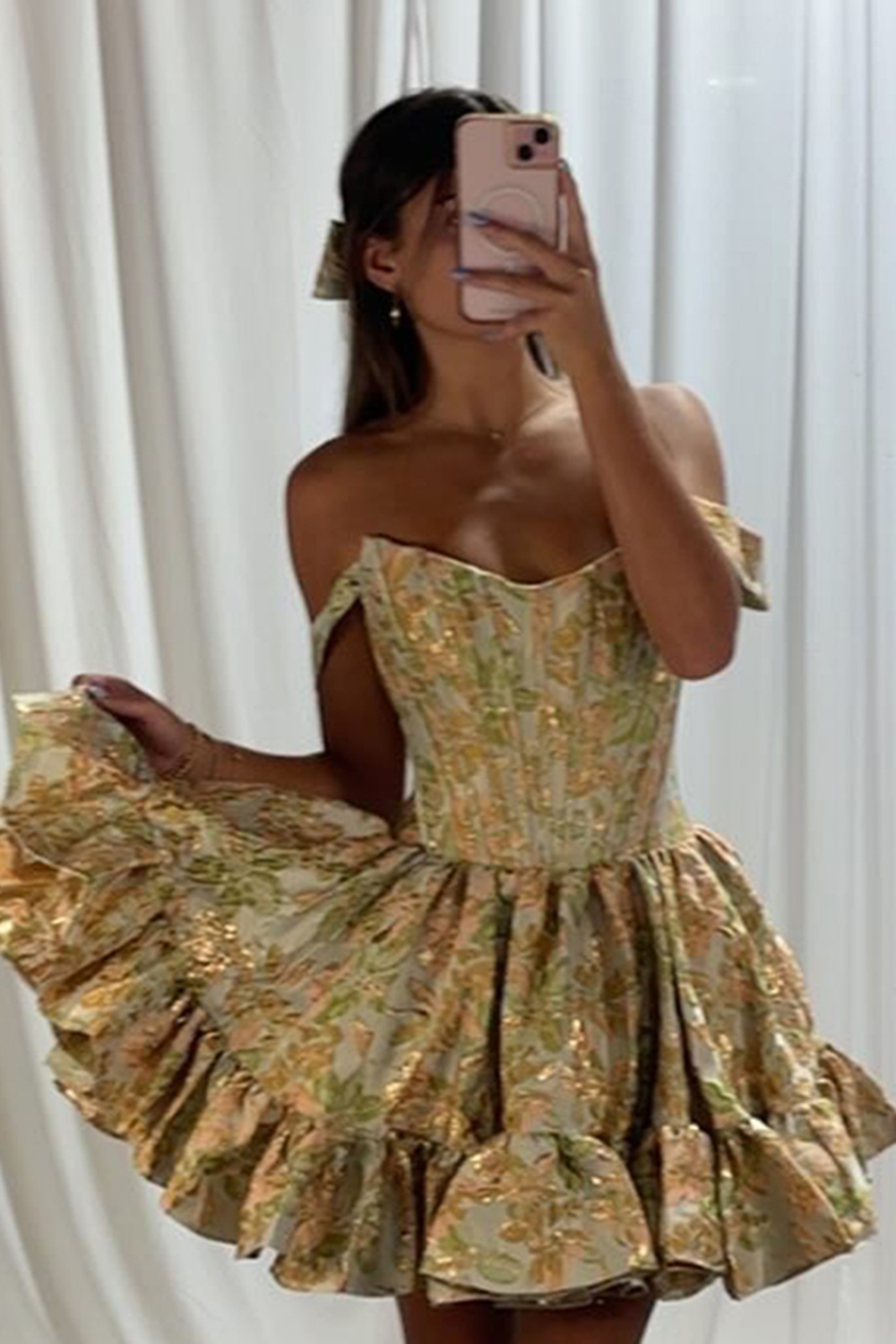 Sparkly Floral Yellow A Line Ruffled Short Corset Homecoming Dress
