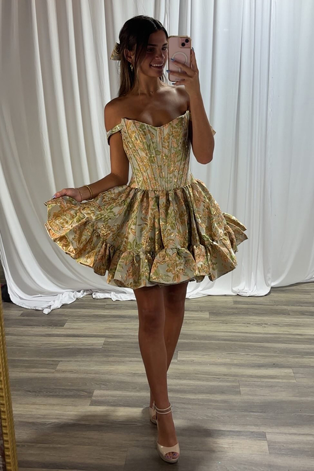 Sparkly Floral Yellow A Line Ruffled Short Corset Homecoming Dress