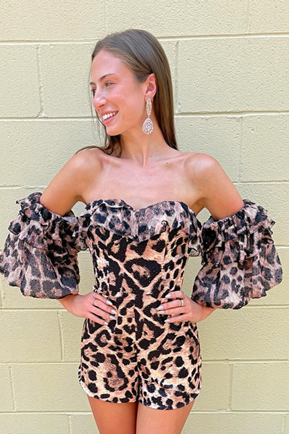 Brown Leopard Off The Shoulder Tight Short Homecoming Jumpsuits with Removable Cape