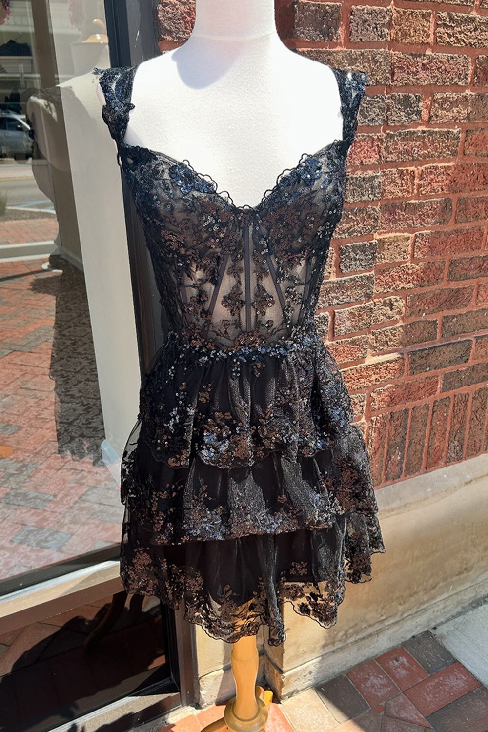 Sparkly Red A Line Corset Tiered Short Lace Homecoming Dress with Ruffles