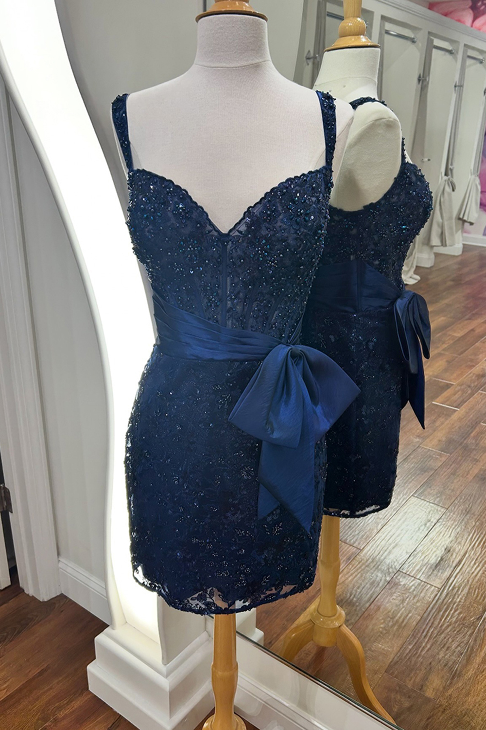 Light Blue Bodycon Lace Short Corset Homecoming Dress with Bow