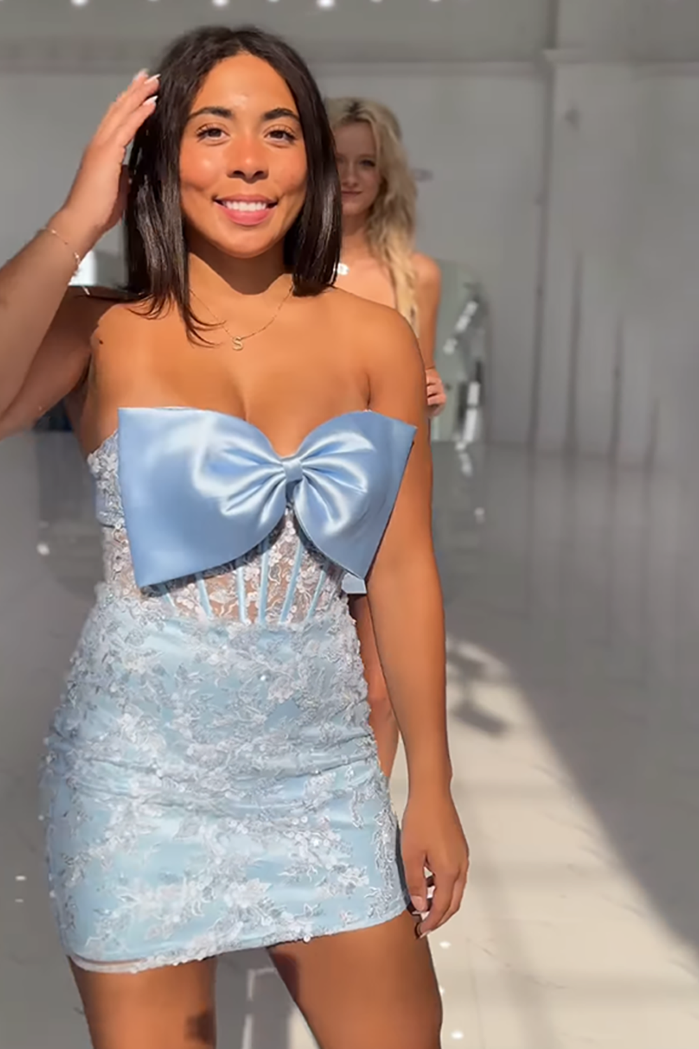 Sparkly Pink Lace Tight Floral Short Corset Homecoming Dress with Bow